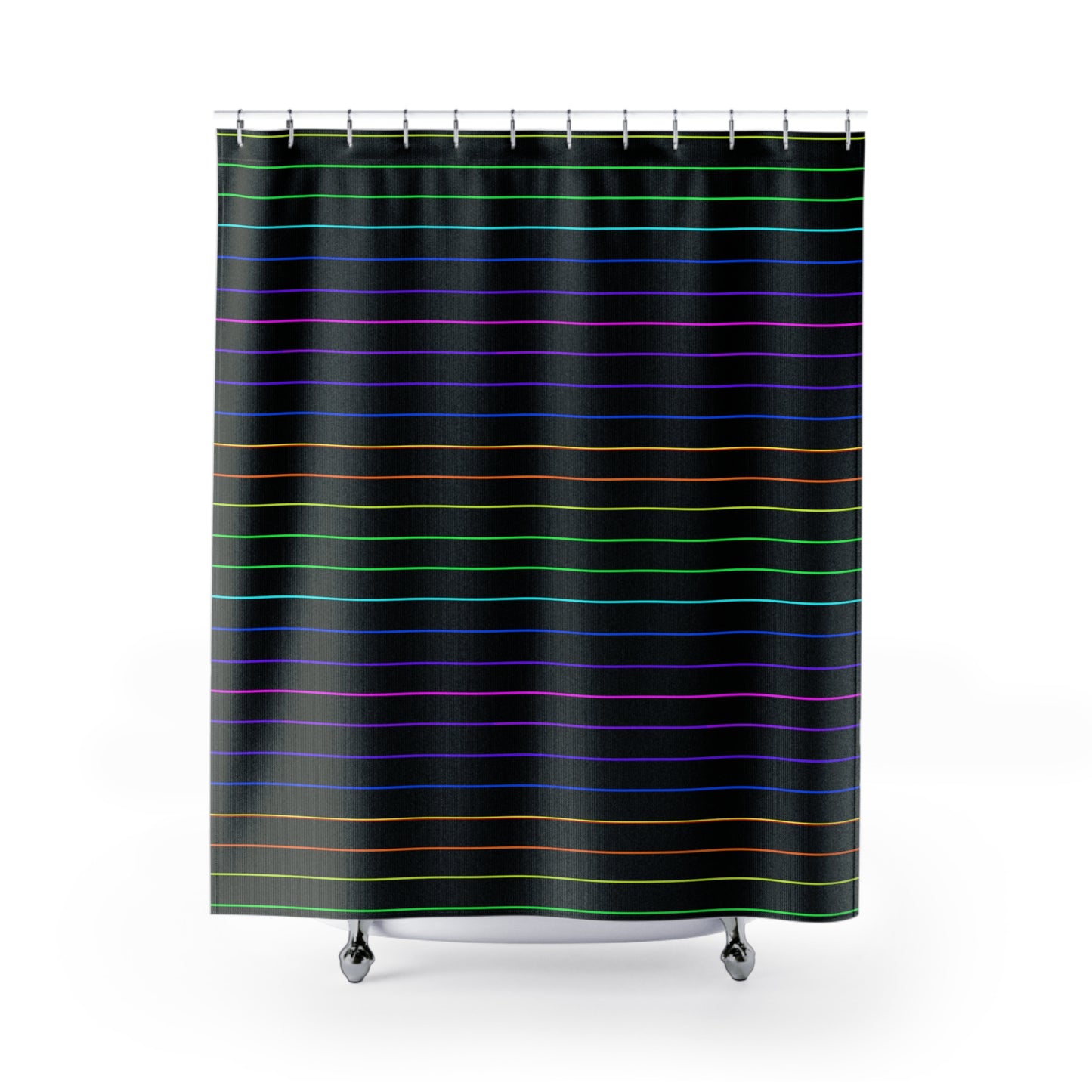 Neon Rainbow Stripe Shower Curtain — Black Background, Modern Geometric Bathroom Decor