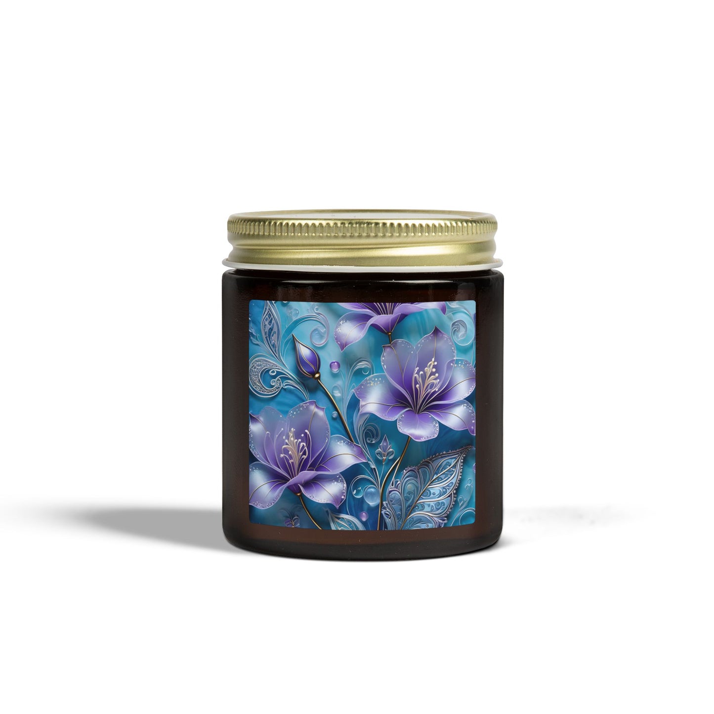 Scented Candle — Coconut Apricot Wax (4oz & 9oz) with Blue Floral Art