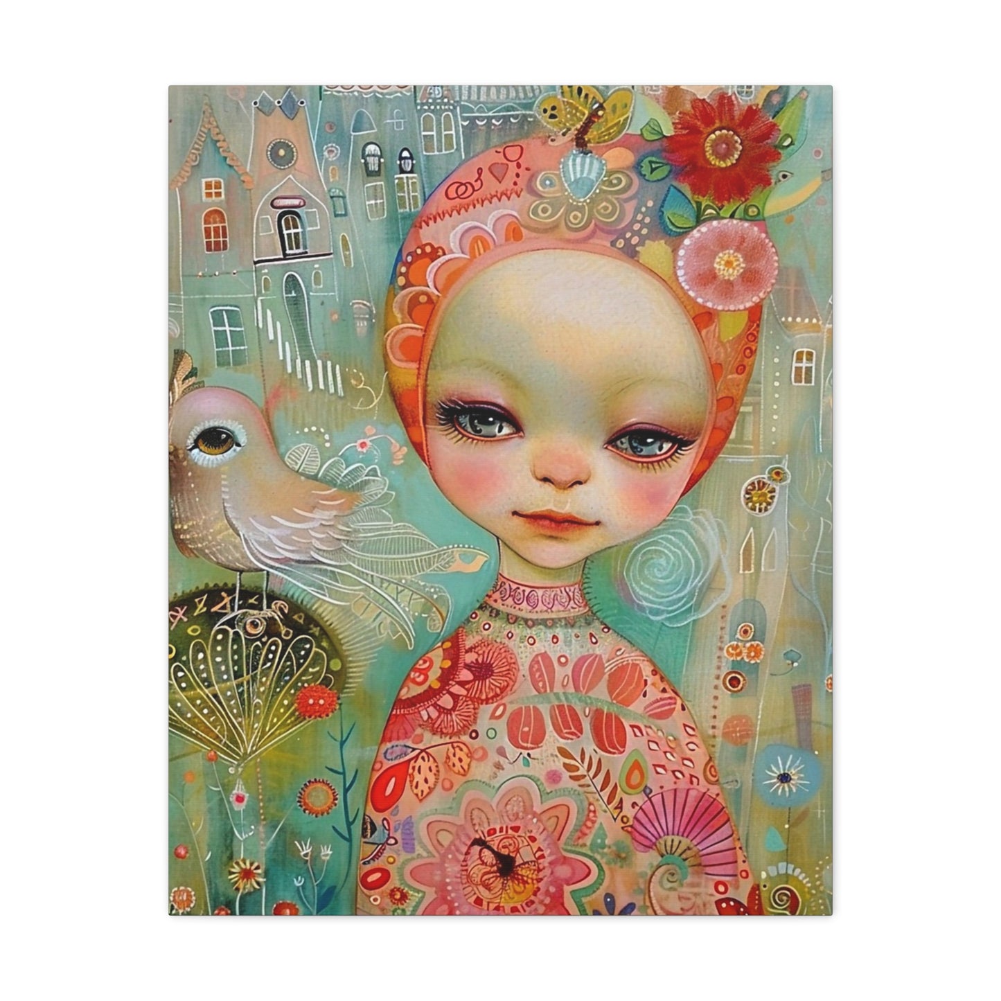 Whimsical Girl & Bird Matte Canvas Wall Art — Stretched Decorative Painting