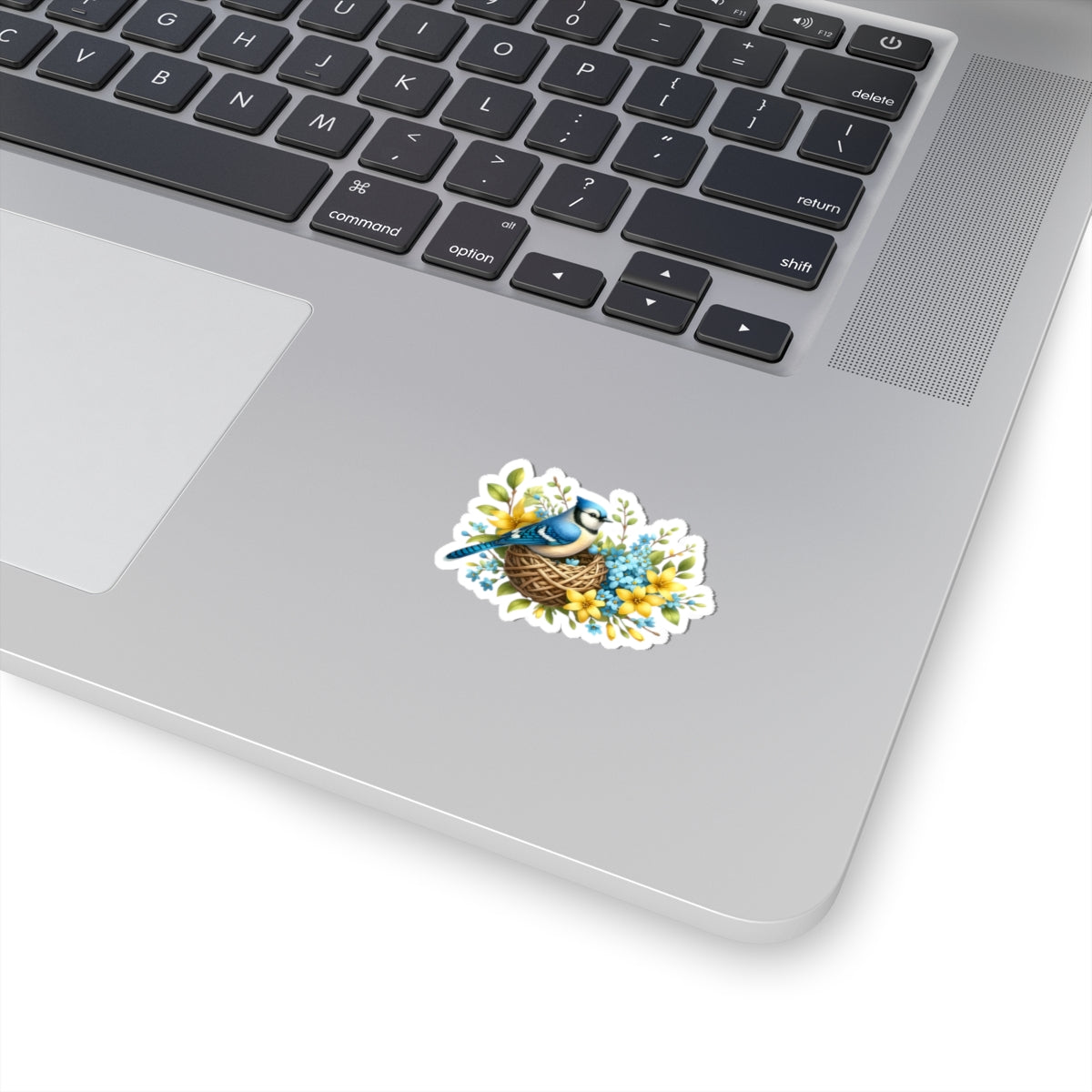 Blue Jay Nest Sticker — Floral Bird Kiss-Cut Vinyl Decal