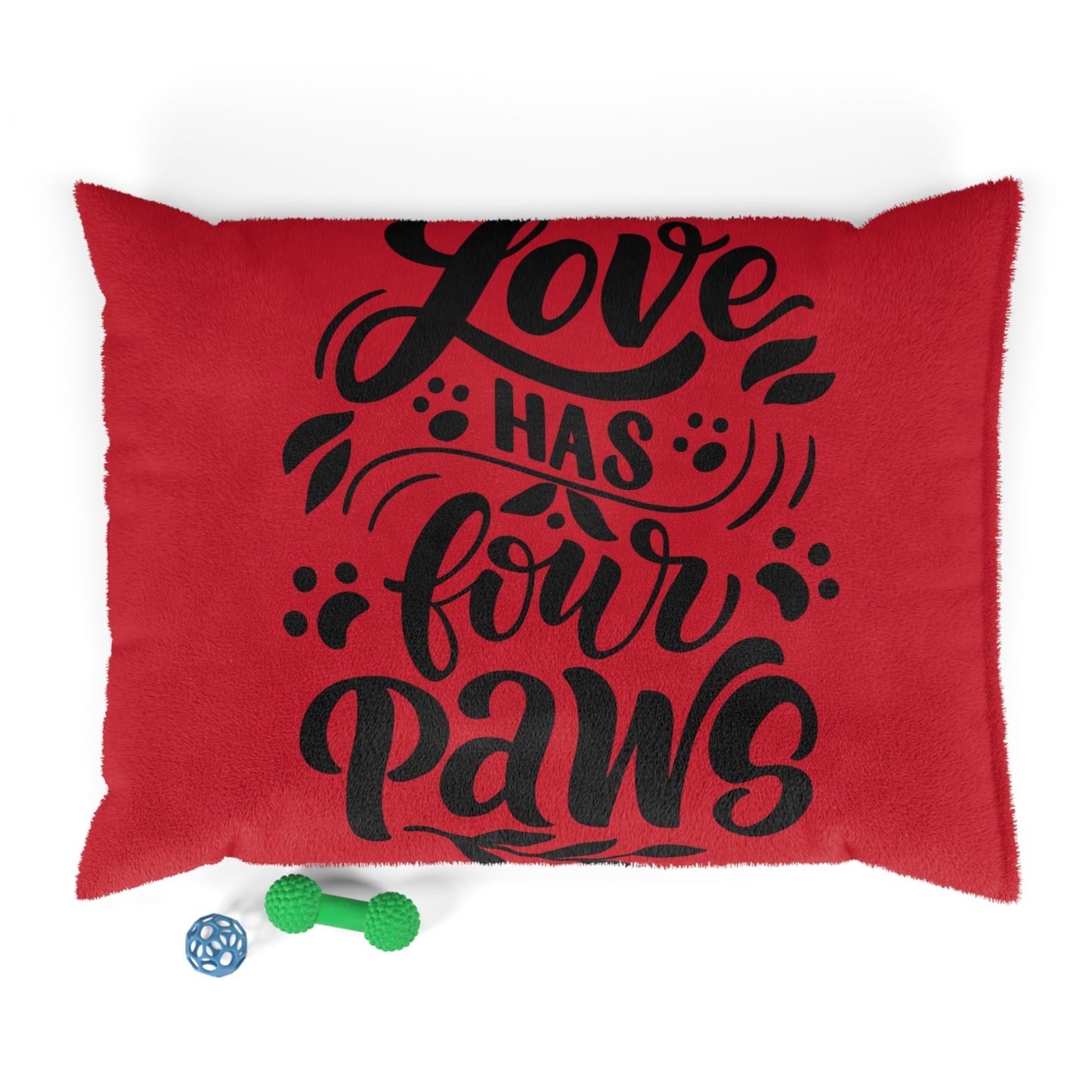 Love Has Four Paws Pet Bed — Red Plush Dog & Cat Cushion