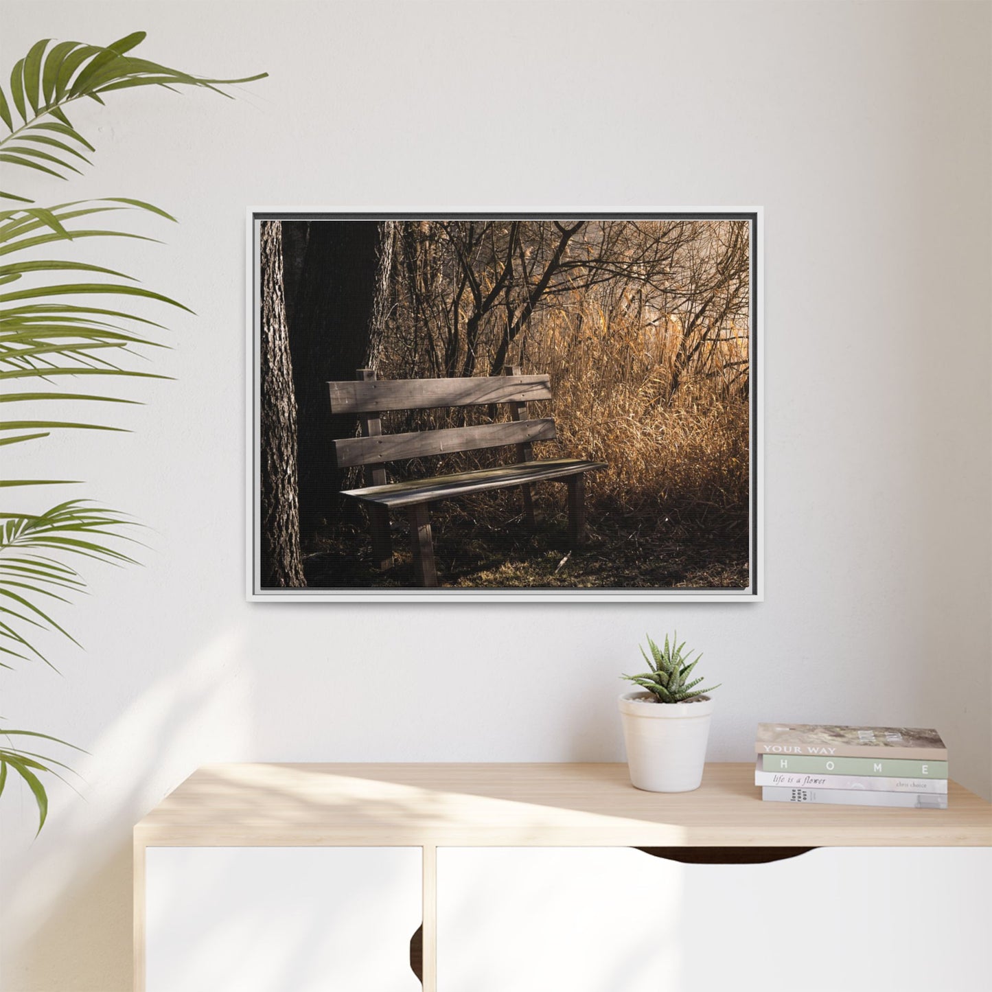 Framed Matte Canvas Print — Autumn Park Bench Photography