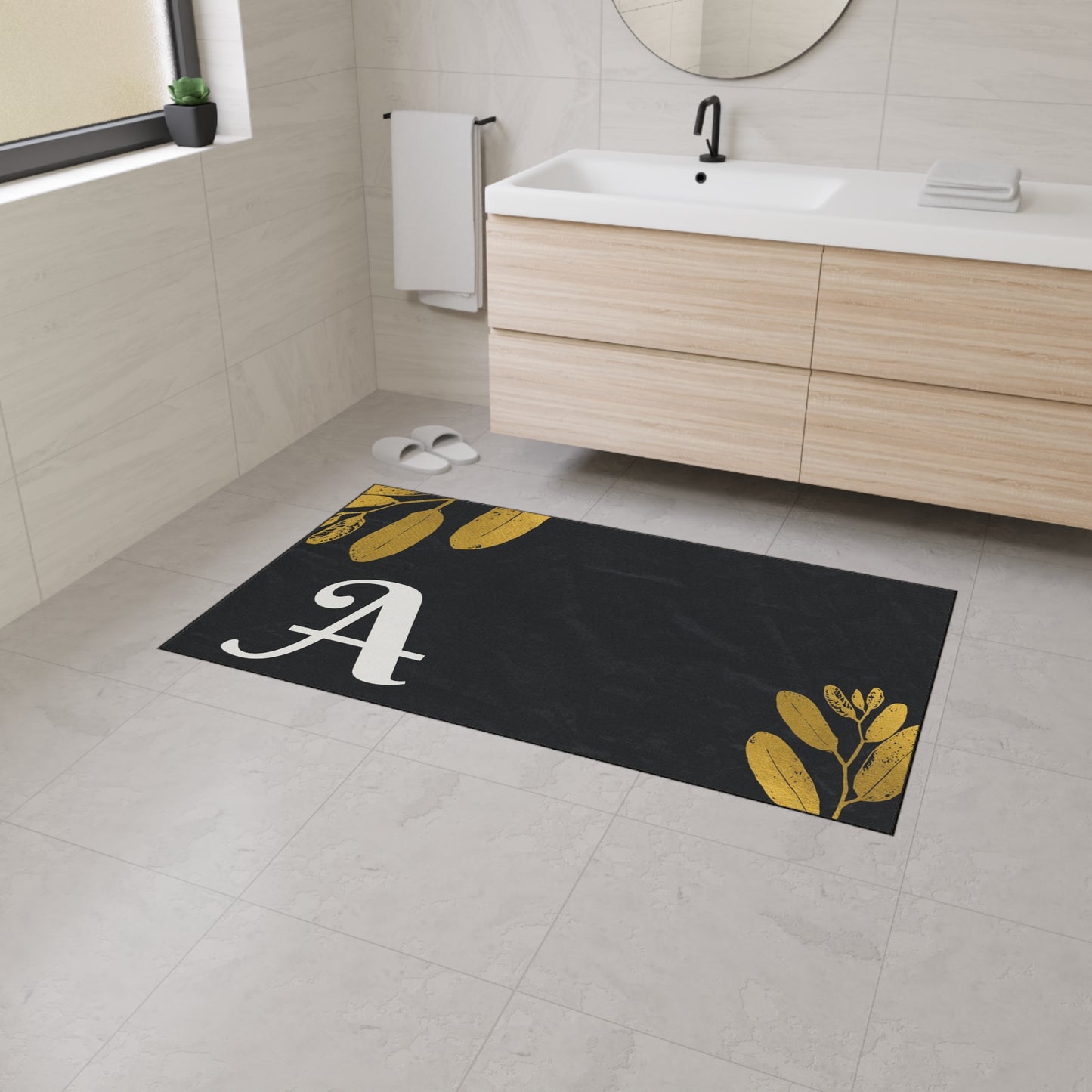Monogram A Heavy Duty Floor Mat — Black & Gold Botanical Doormat