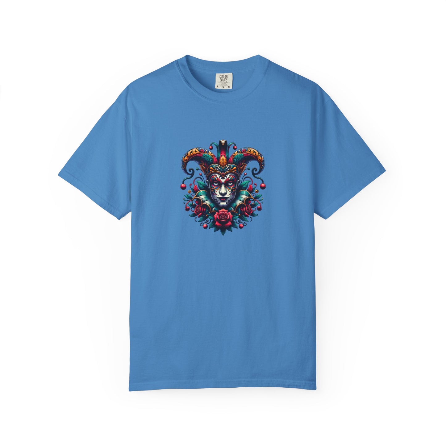 Vibrant Graphic Unisex T-Shirt with Floral Mask Design, Casual Wear, Festival Outfit, Gift for Friends, Unique Fashion Statement