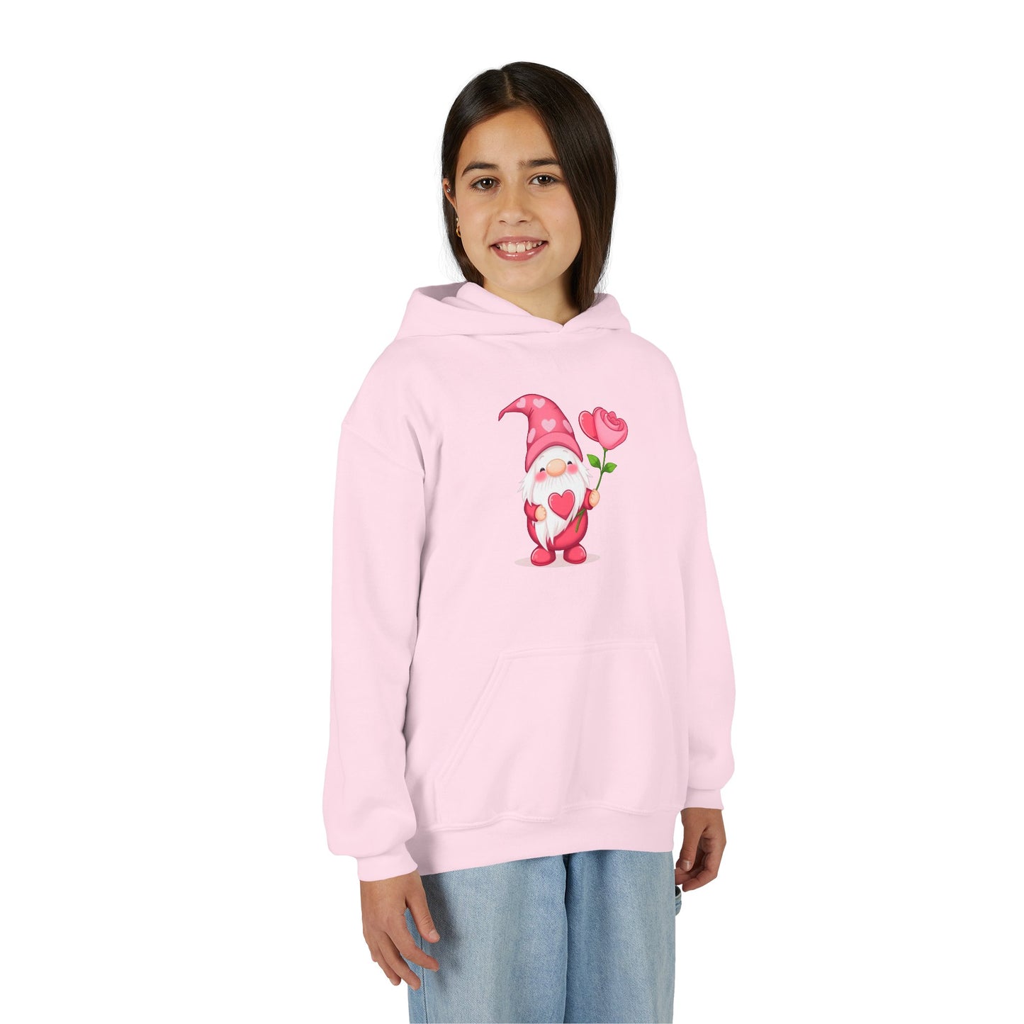 Valentine Gnome Kids Hoodie — Cute Pink Gnome Holding Rose Youth Sweatshirt