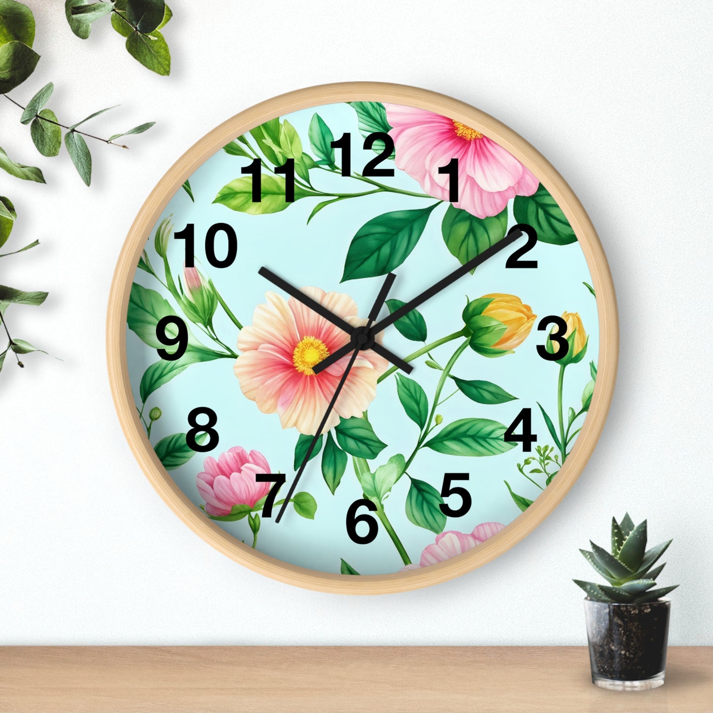Floral Cottage Wall Clock — Pastel Pink & Green Garden Design