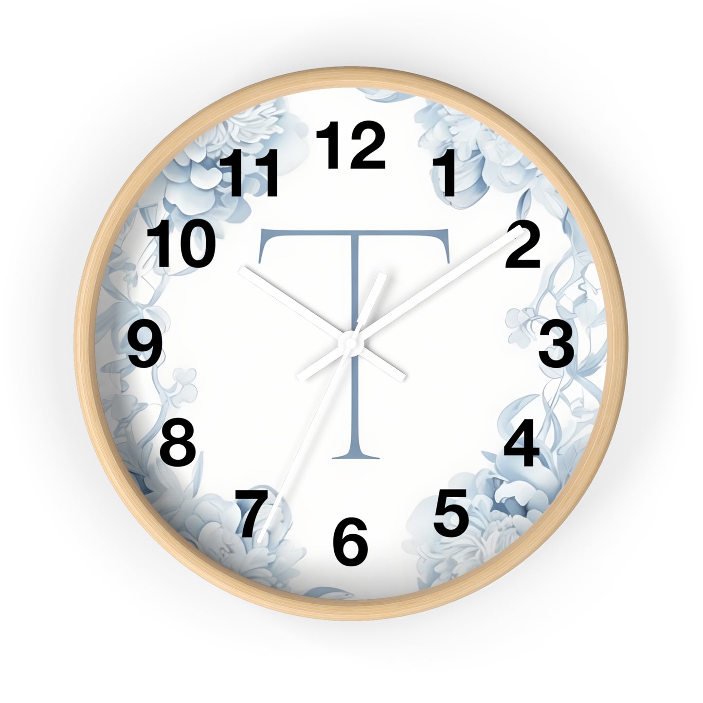 Monogram T Floral Wall Clock — Elegant Blue Initial T Home Decor