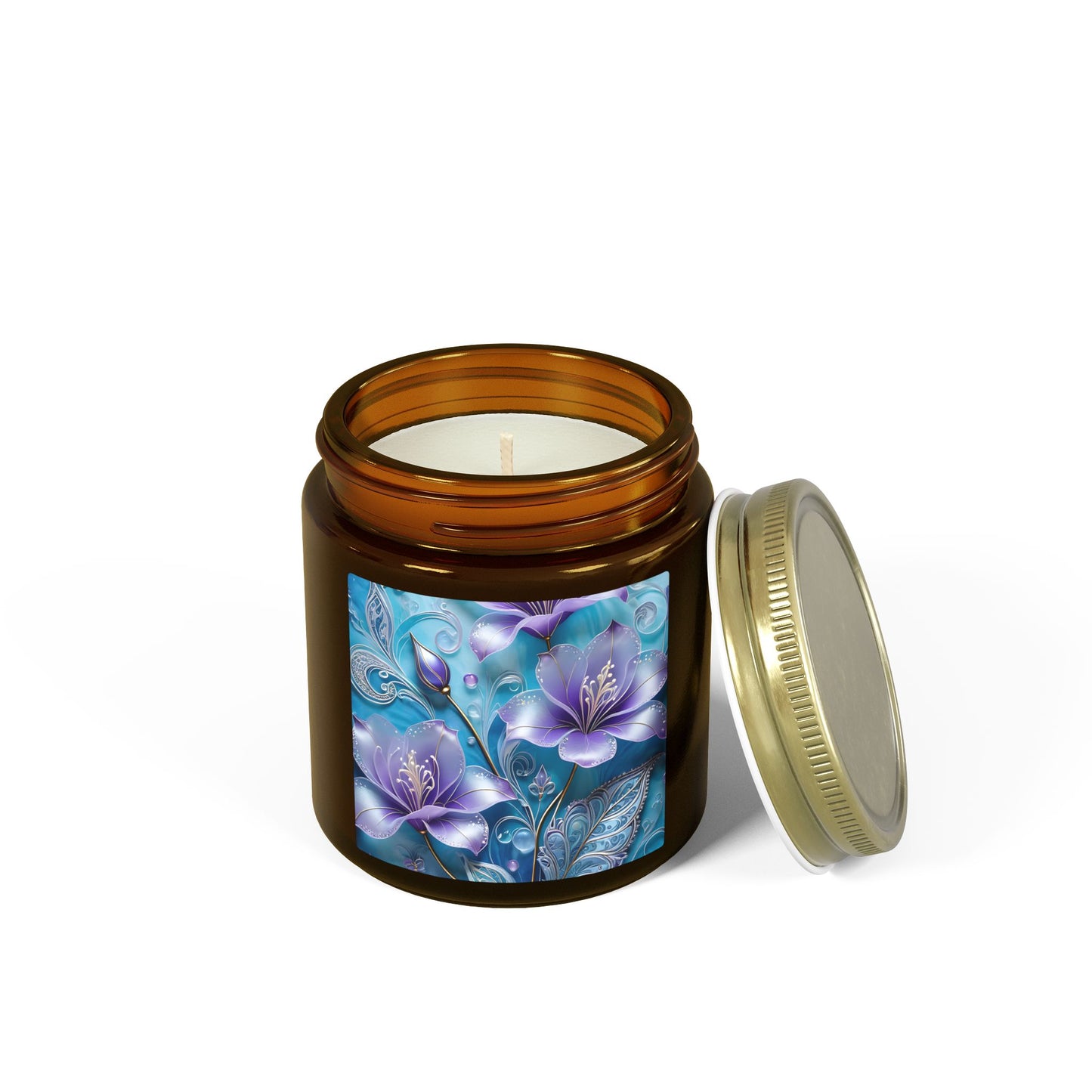Scented Candle — Coconut Apricot Wax (4oz & 9oz) with Blue Floral Art