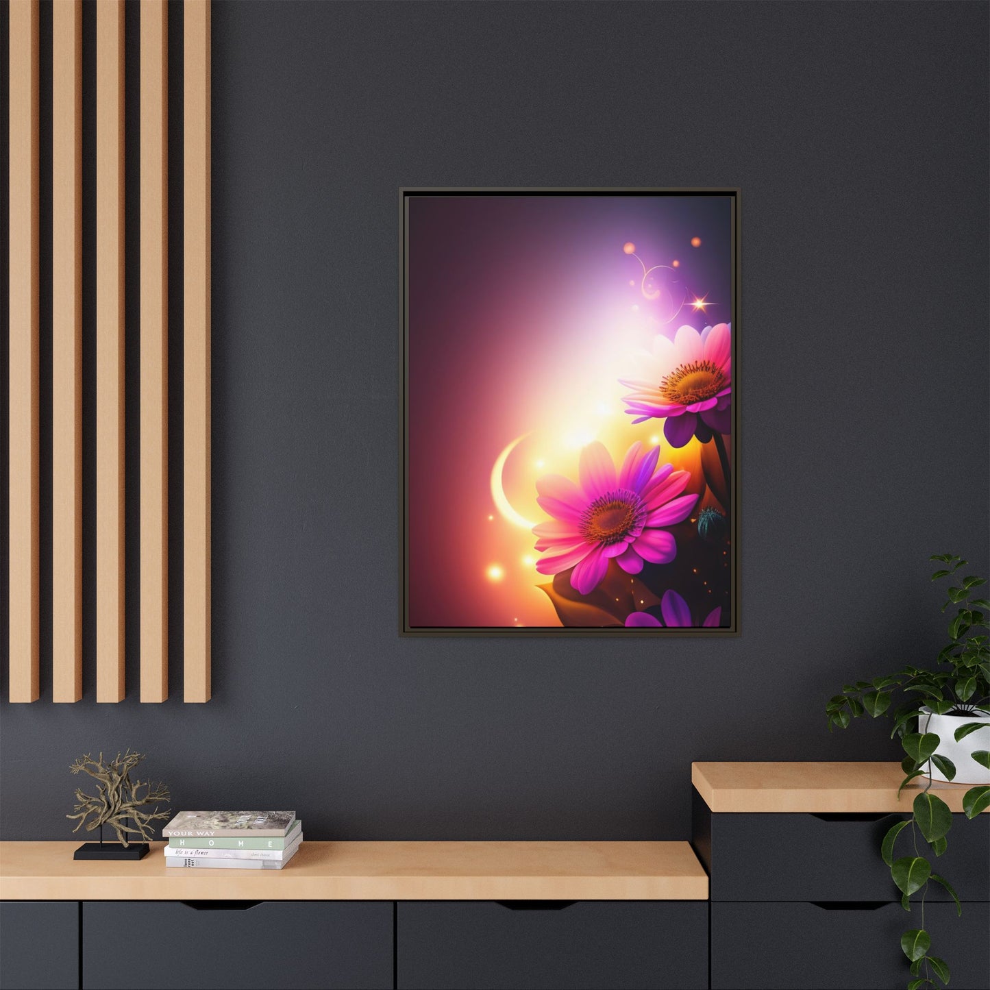 Framed Floral Canvas Art — Pink Daisies Sunset Wall Print