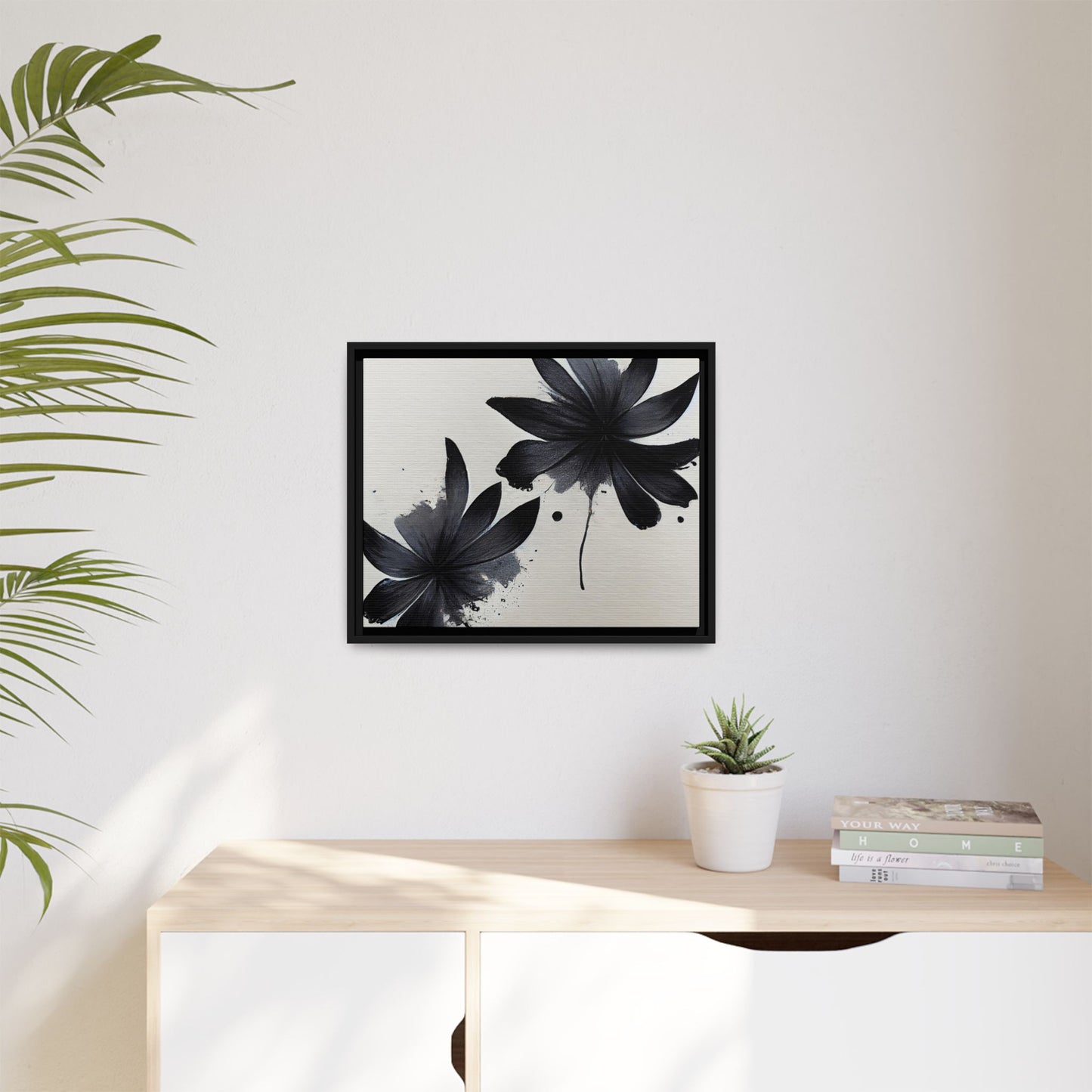 Framed Black Floral Matte Canvas Wall Art — Monochrome Botanical Print