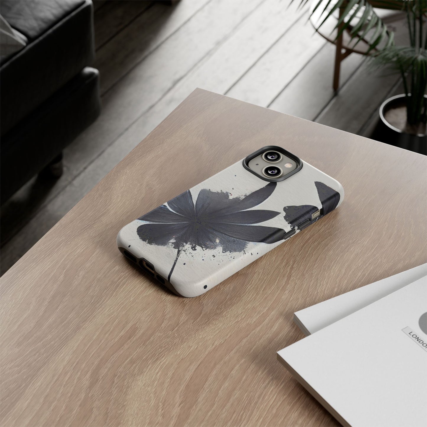 Monochrome Floral Tough Phone Case — Black Ink Flower Protective Cover