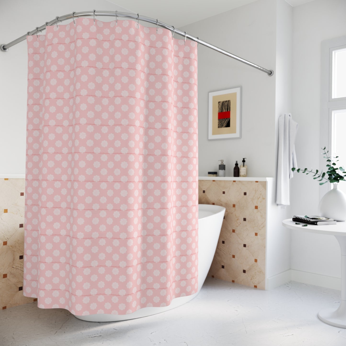 Pink Polka Dot Shower Curtain — Soft Pastel Floral Dots Bathroom Decor