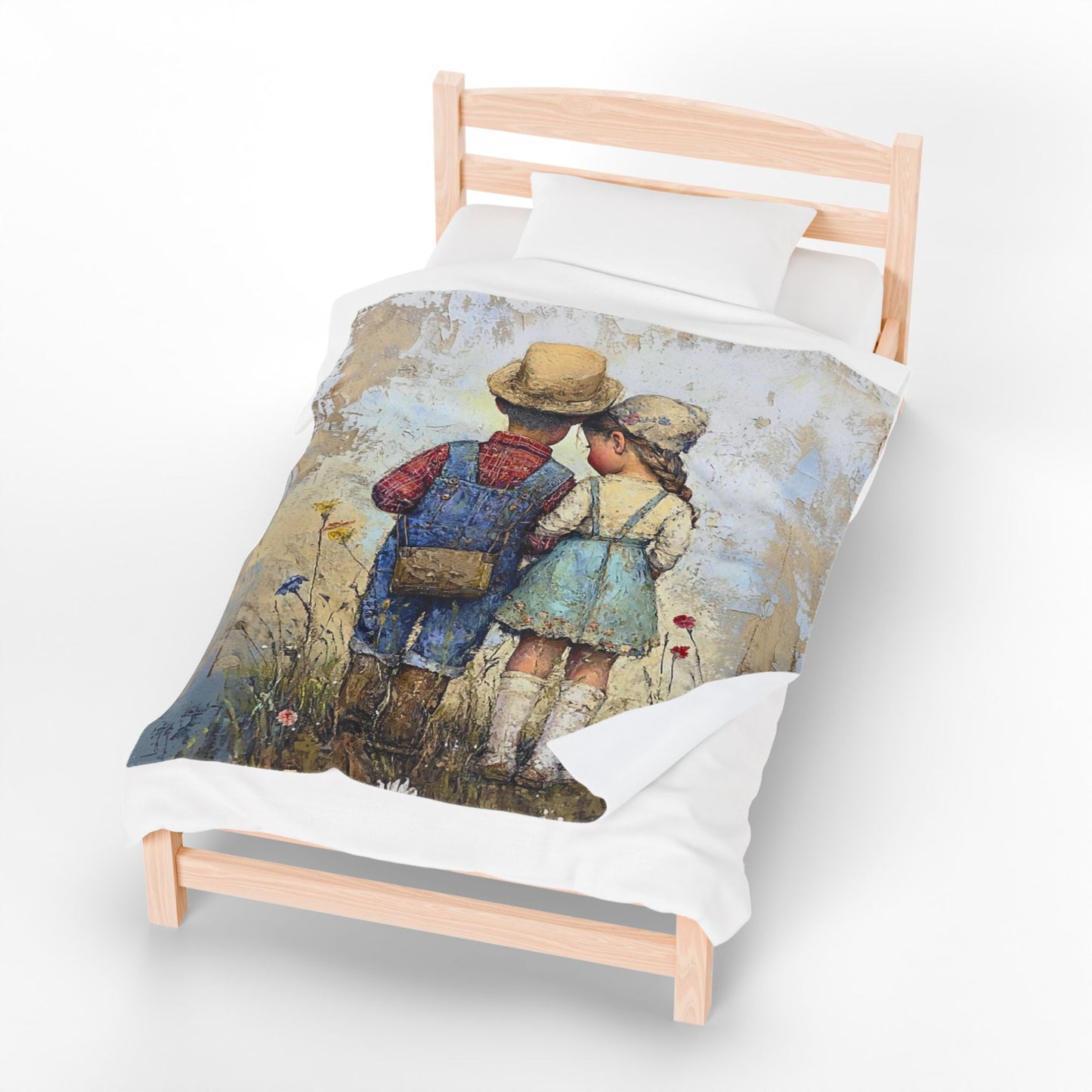 Vintage Children Standing Together Velveteen Plush Blanket — Rustic Nursery Throw