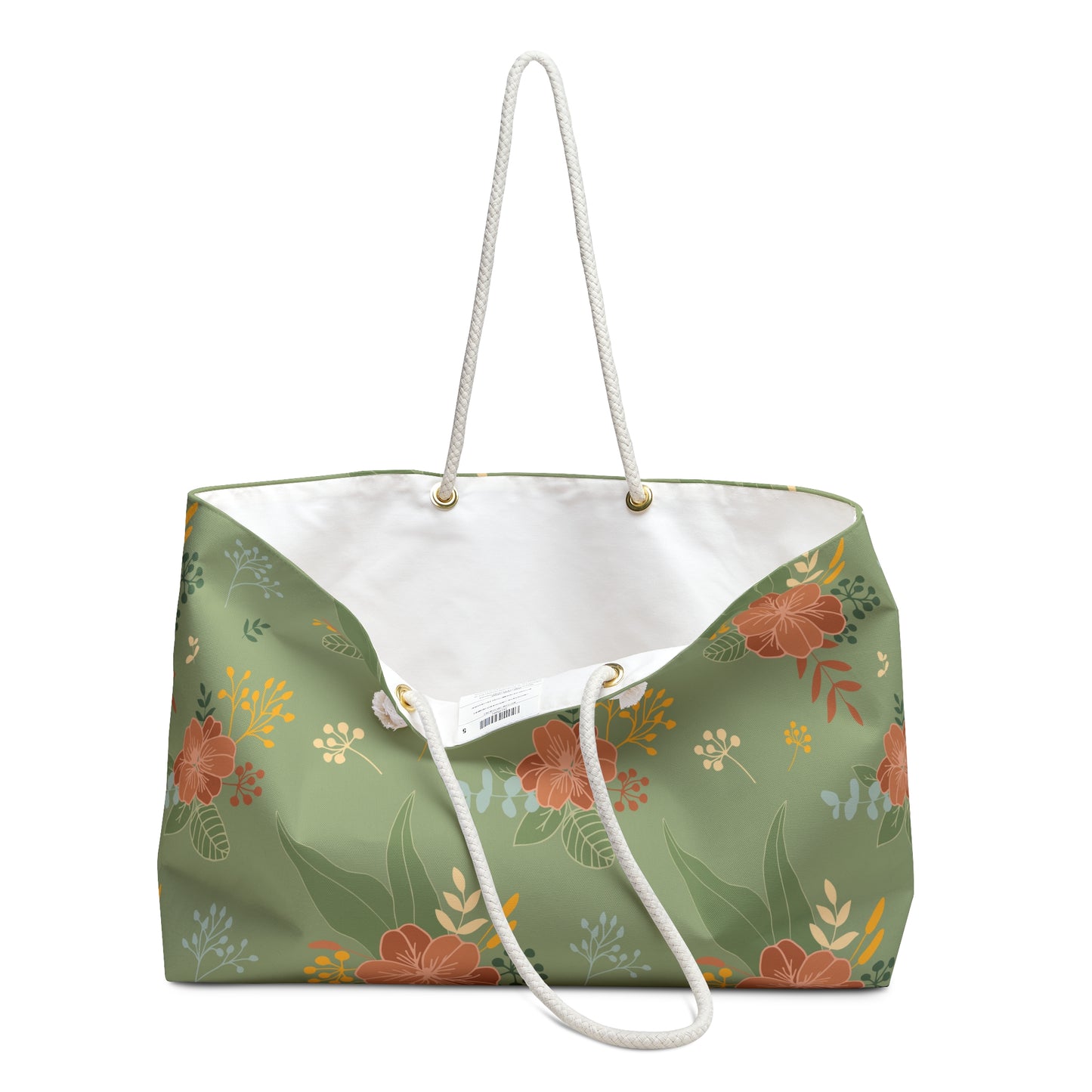 Floral Green Weekender Bag — Spacious Travel Tote with Peach Blooms