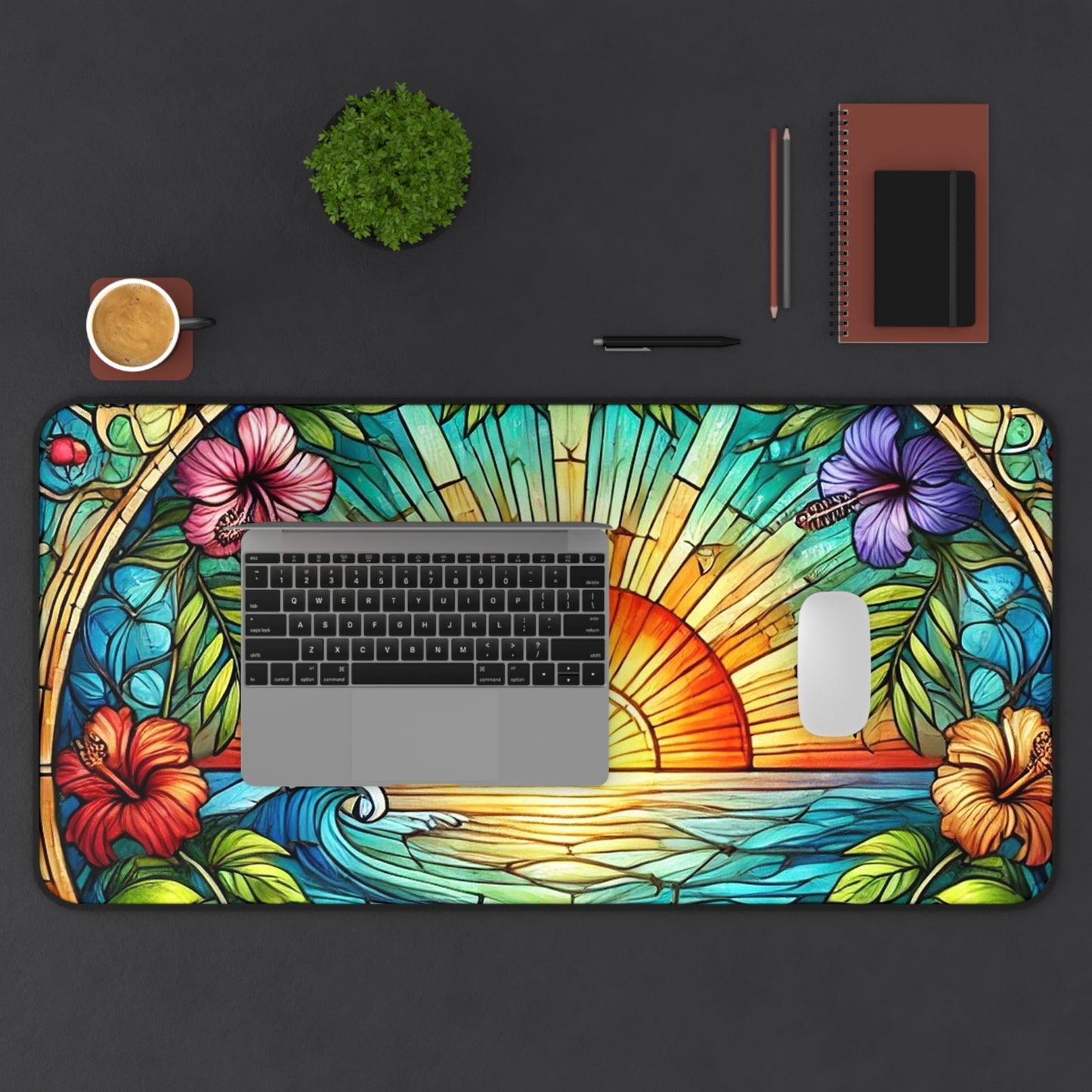 Sunset Tropical Desk Mat — Stained-Glass Sunrise Beach Mouse Pad