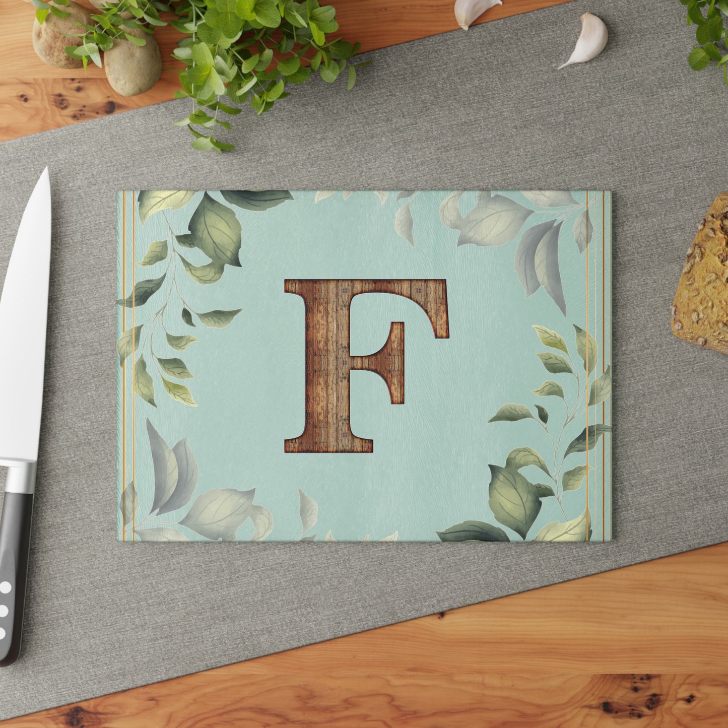 Monogram Glass Cutting Board – Rustic Wood 'F' with Greenery Border