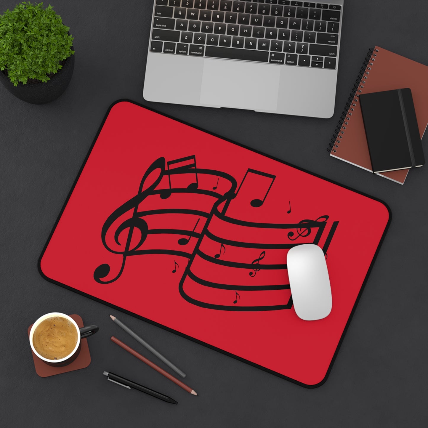 Music Notes Red Desk Mat – Musical Staff Mouse Pad for Musicians & Home Office