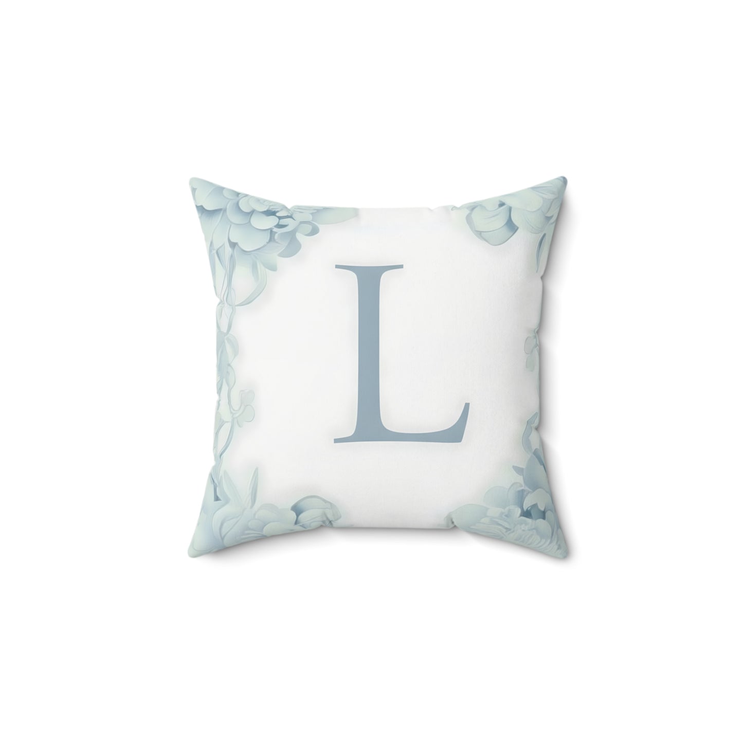 Monogram L Floral Border Decorative Pillow — Soft Blue Initial Throw Pillow