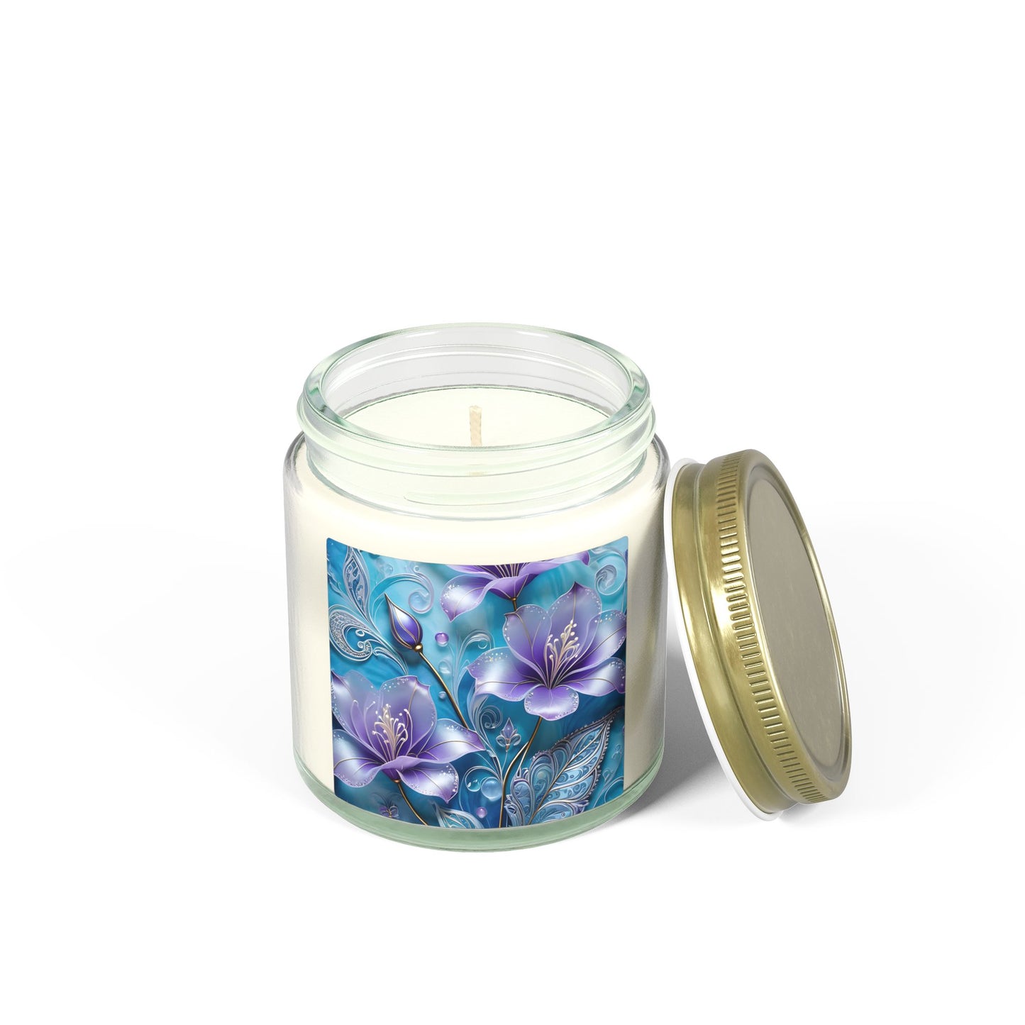 Scented Candle — Coconut Apricot Wax (4oz & 9oz) with Blue Floral Art