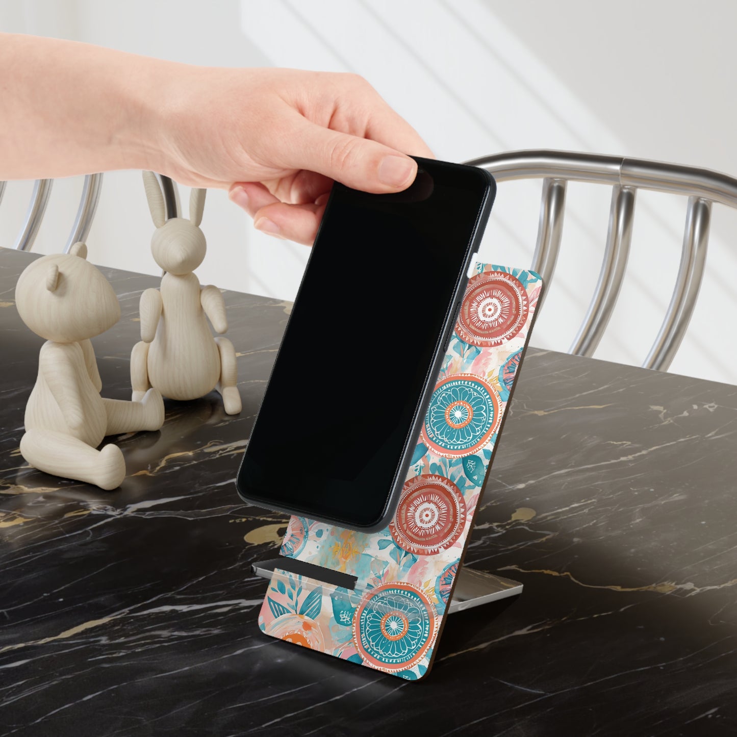 Floral Boho Phone Stand — Compact Mobile Display Stand with Teal & Coral Mandala Design