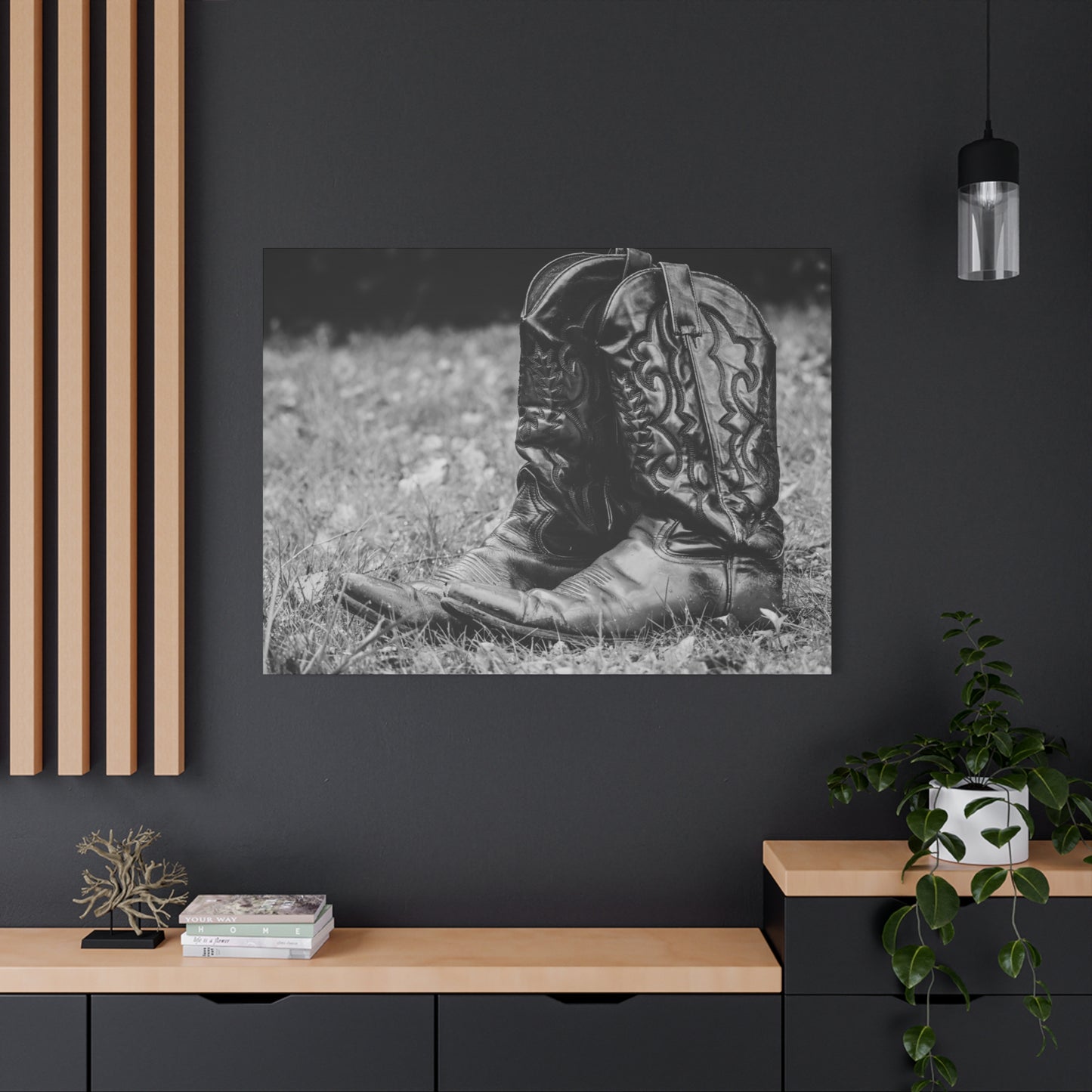 Western Cowboy Boots Matte Canvas Wall Art – Black & White Rustic Country Decor