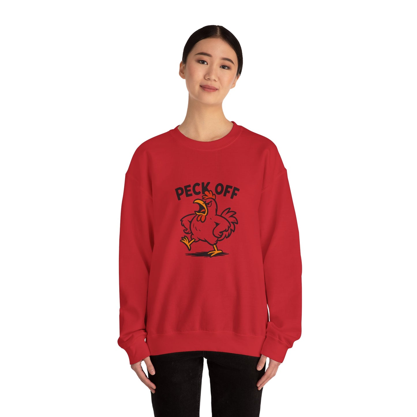 Crewneck Sweatshirt — 'Peck Off' Funny Angry Chicken Graphic