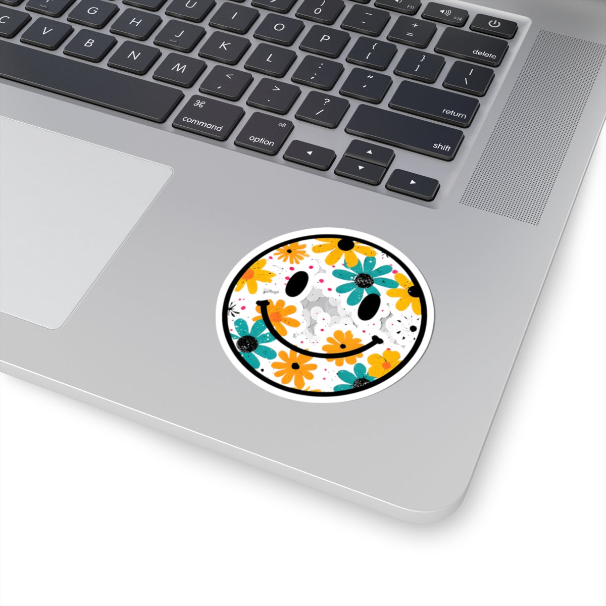 Floral Smiley Kiss-Cut Sticker — Colorful Daisy Happy Face Laptop Decal