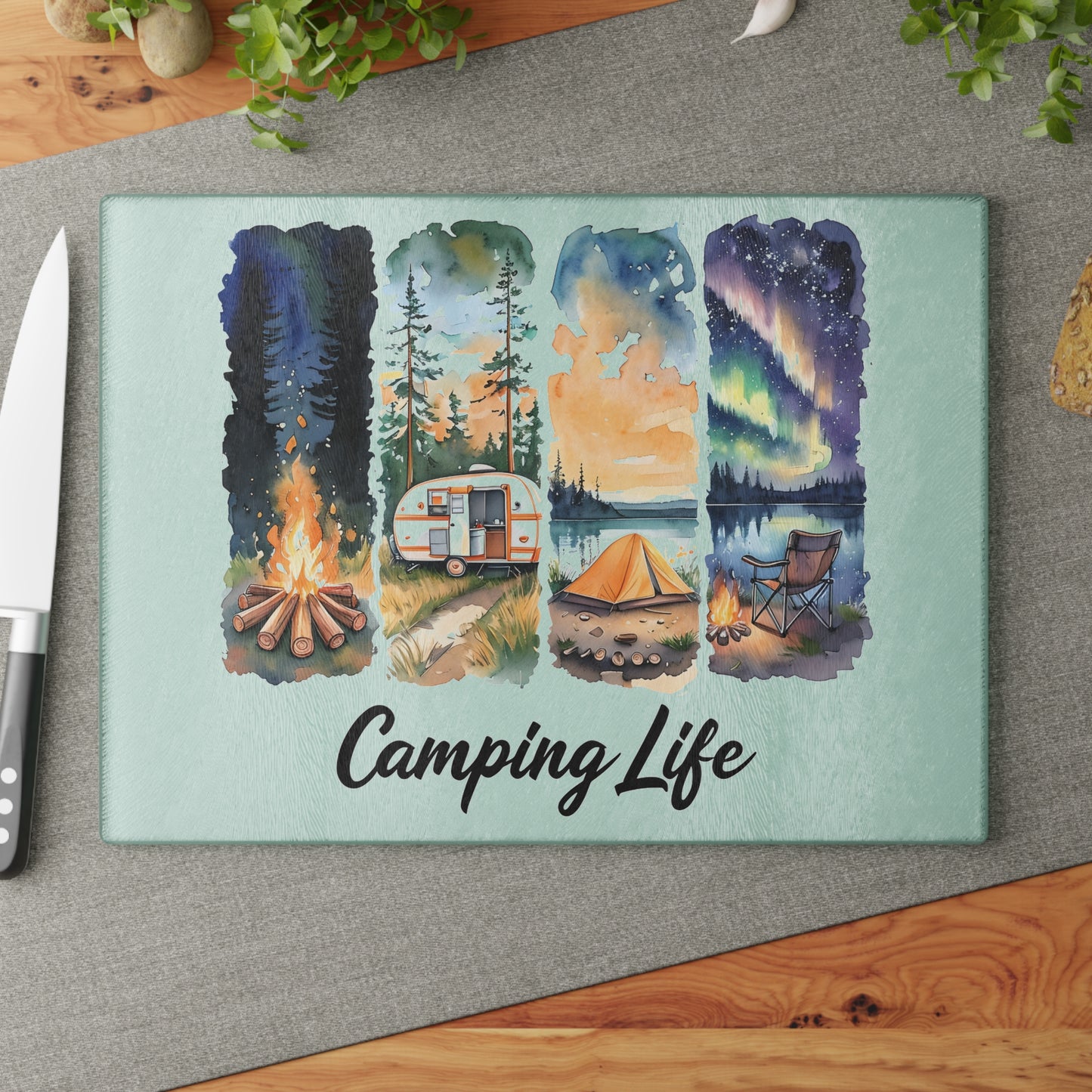 Camping Life Glass Cutting Board – Watercolor Camper, Tent & Campfire Kitchen Board