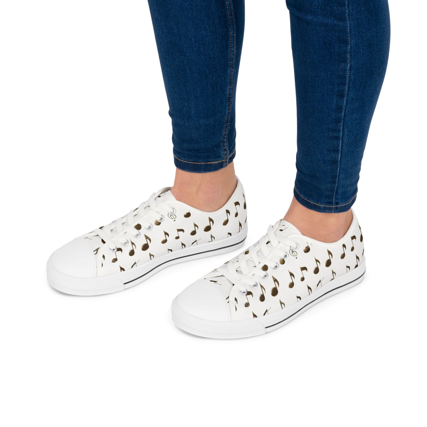 Music Note Low-Top Sneakers — White Casual Canvas Shoes with Musical Notes Pattern