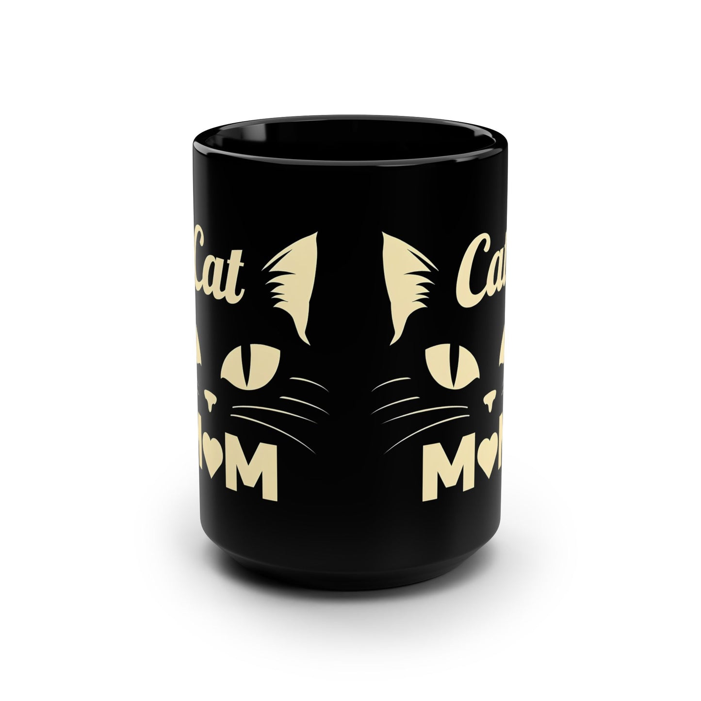 Cat Mom 15oz Black Mug — Cute Cat Face Coffee Cup for Cat Lovers