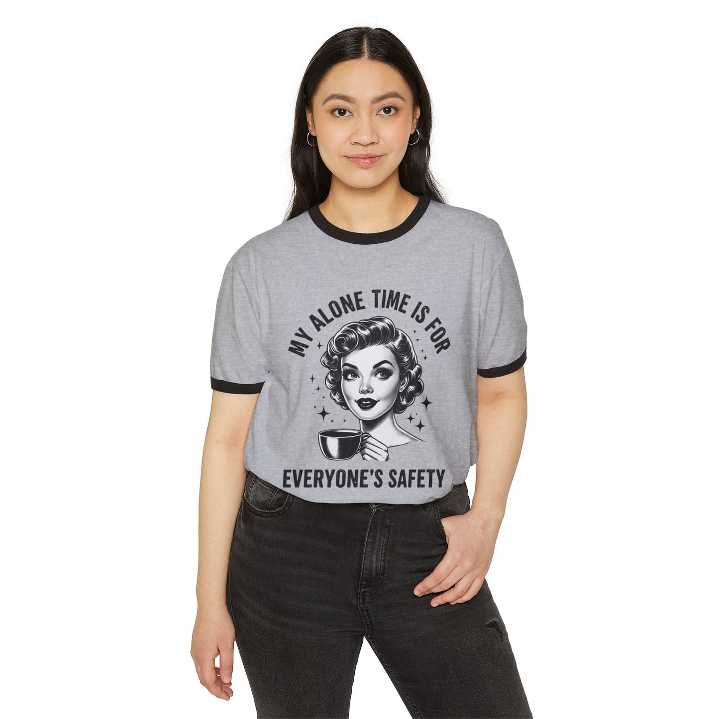 Vintage Retro Ringer T‑Shirt — “My Alone Time Is For Everyone’s Safety” Coffee Graphic