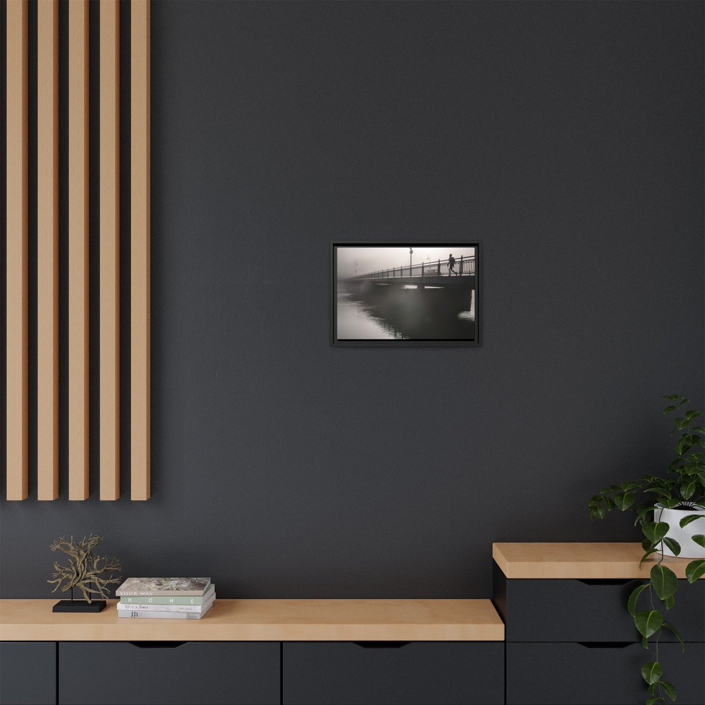 Framed Matte Canvas - Foggy Bridge Black & White Photography