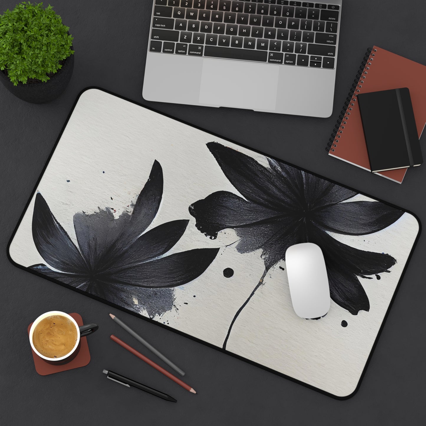 Black Ink Floral Desk Mat — Minimalist Monochrome Mousepad for Office & Home