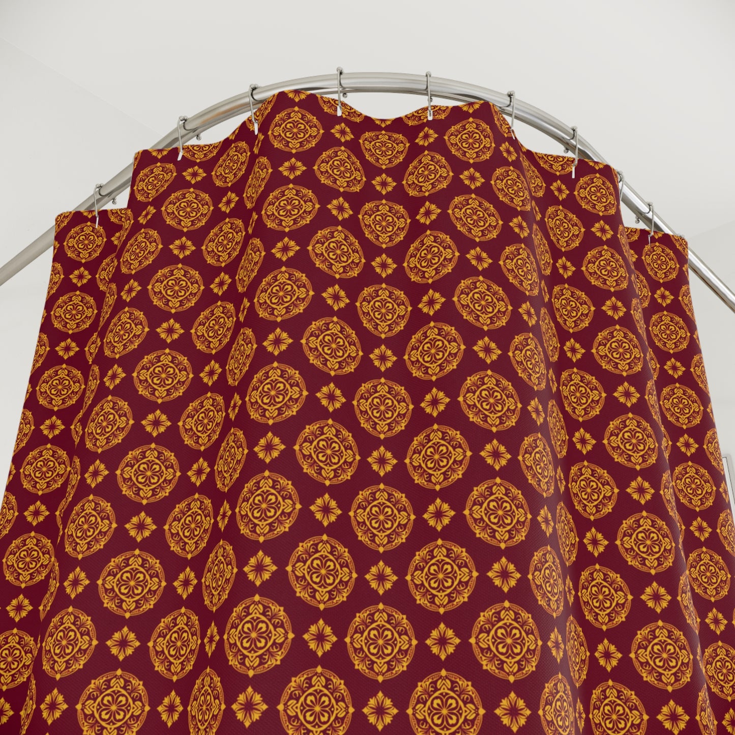 Moroccan Tile Pattern Shower Curtain — Red & Gold Bohemian Bathroom Decor