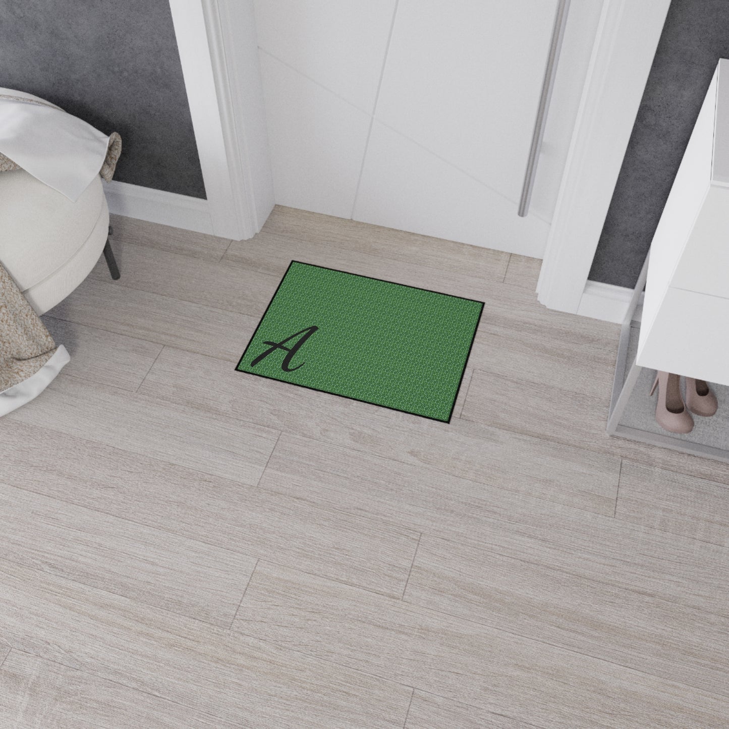 Monogram Heavy-Duty Floor Mat — Green Textured Doormat with Script "A"