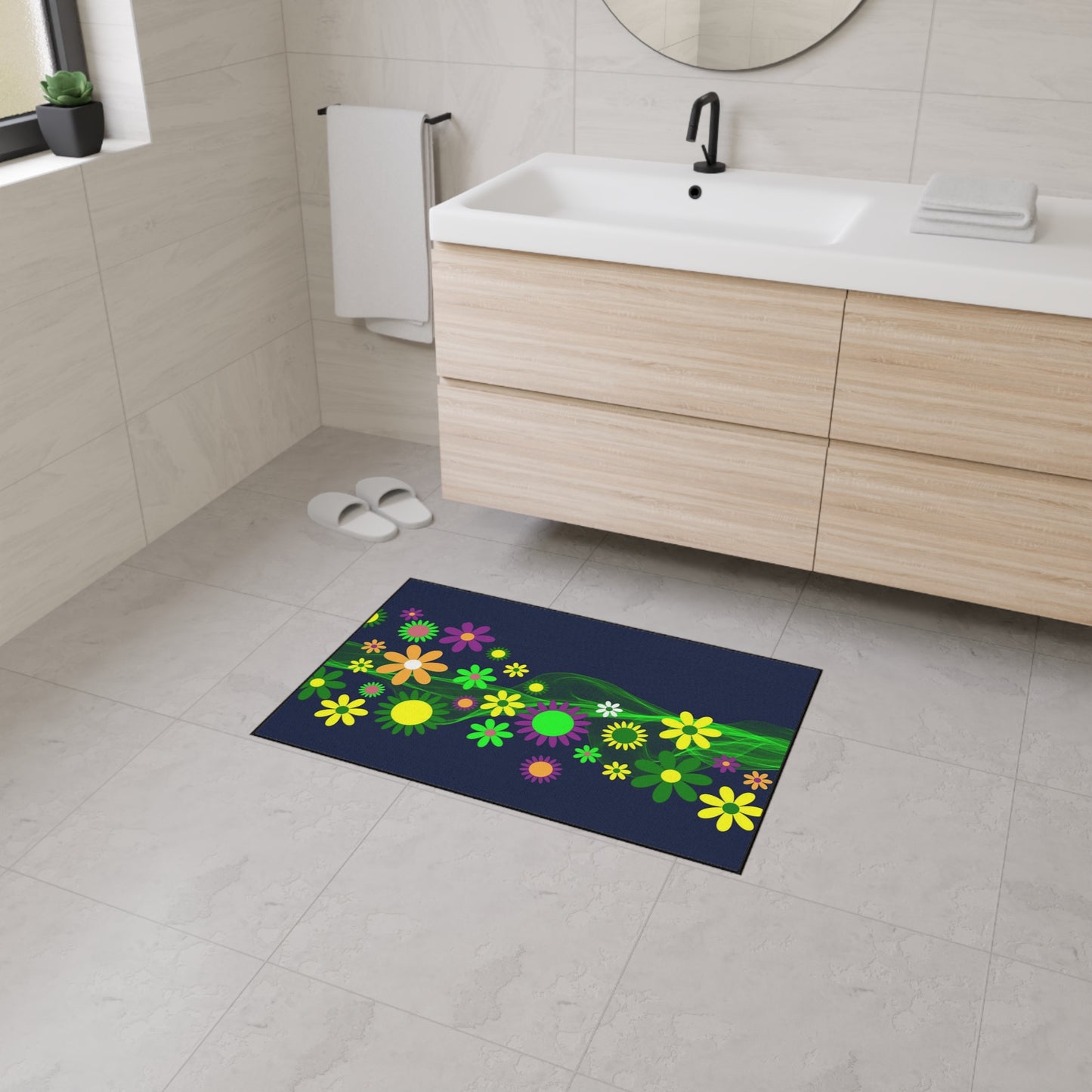 Floral Neon Wave Floor Mat — Heavy-Duty Non-Slip Entry Rug