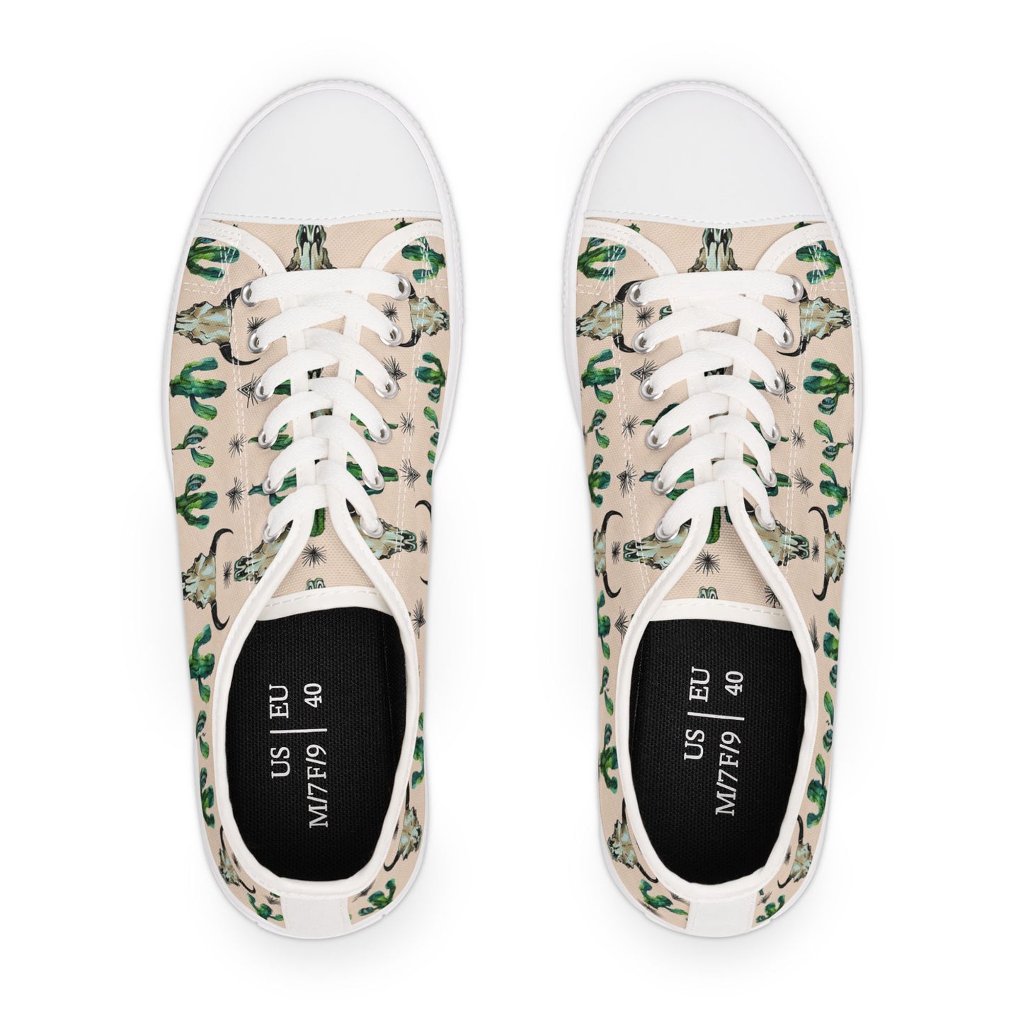 Cow Skull & Cactus Low Top Sneakers — Southwestern Desert Print Casual Shoes