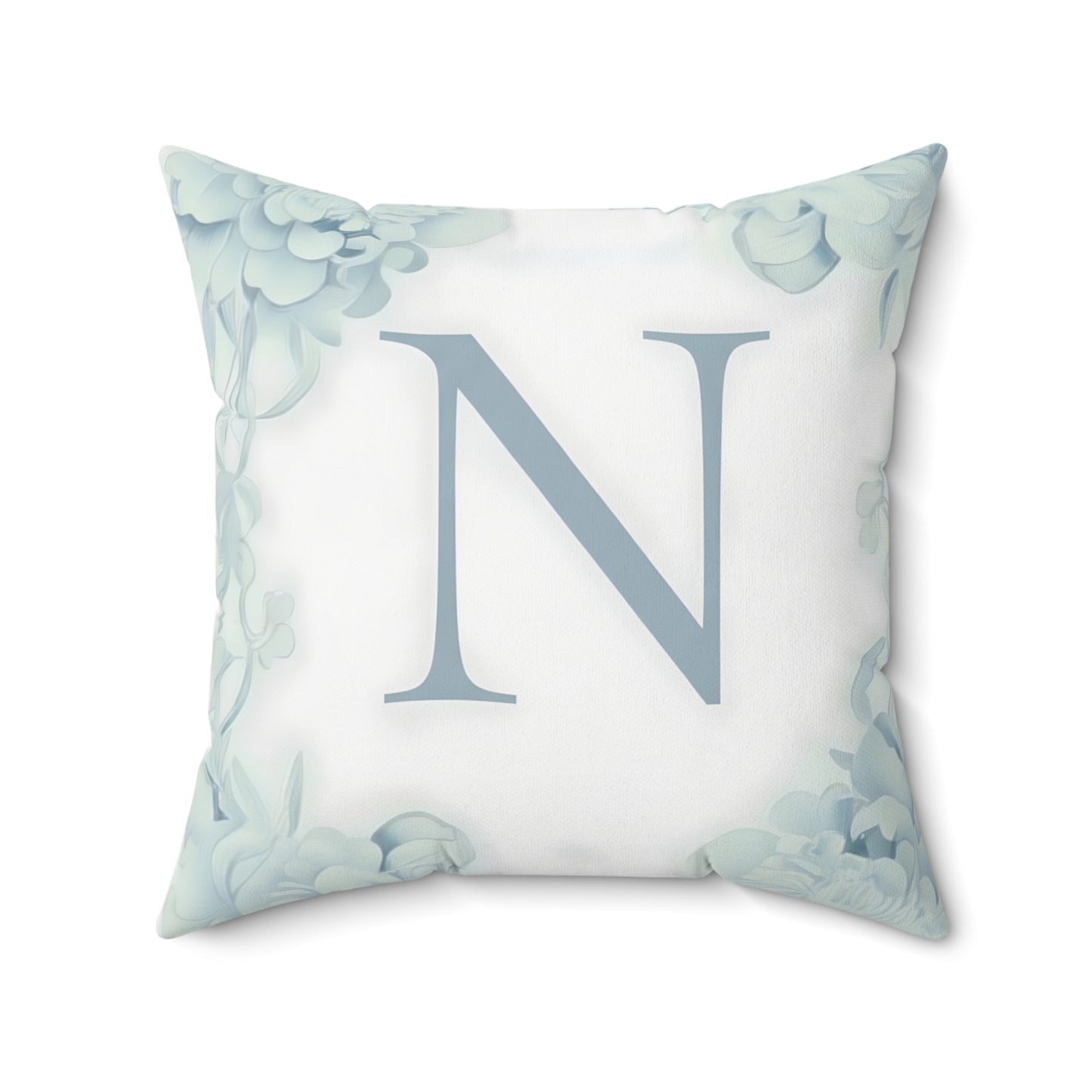 Monogram N Floral Throw Pillow — Soft Blue Initial Decorative Accent