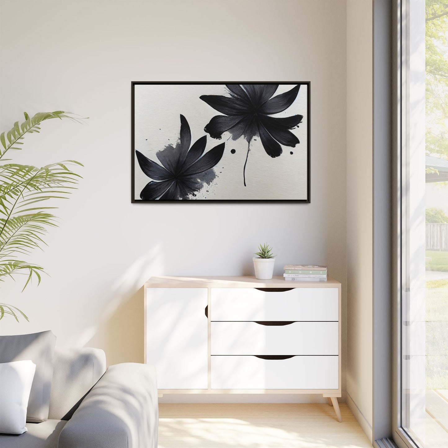 Framed Black Floral Matte Canvas Wall Art — Monochrome Botanical Print