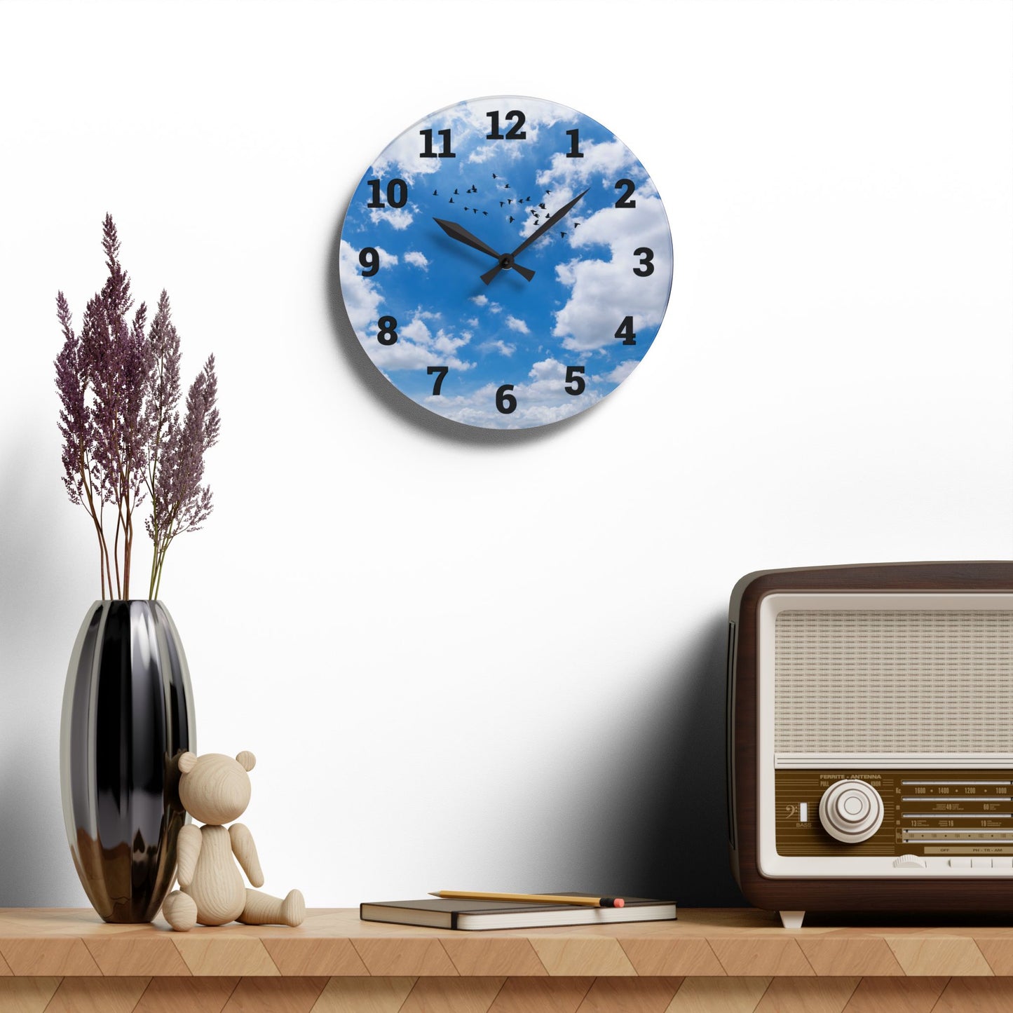 Sky Blue Acrylic Wall Clock - Modern Decor, Birds, Home Office, Unique Wall Art