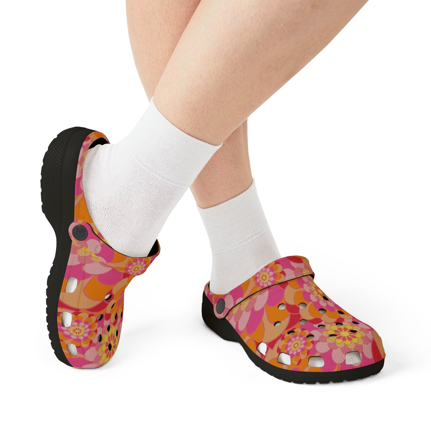 Floral Retro Foam Clogs — Pink Orange Psychedelic Garden Slip-Ons