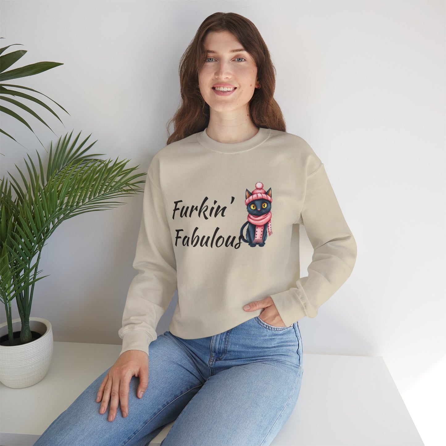Crewneck Sweatshirt — "Furkin' Fabulous" Cute Black Cat in Pink Hat & Scarf