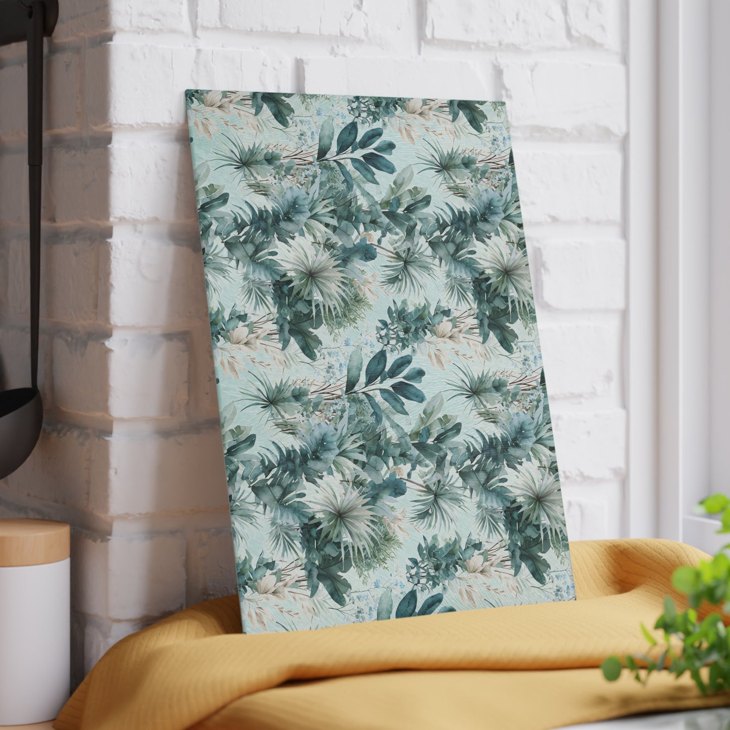 Botanical Glass Cutting Board - Teal Tropical Palm Pattern