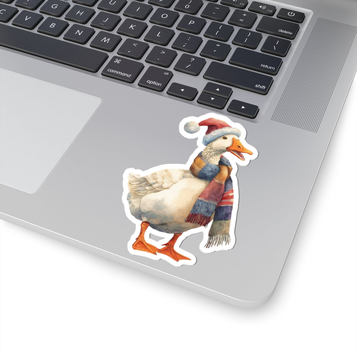 Festive Goose Kiss-Cut Sticker — Holiday Duck with Santa Hat & Cozy Scarf