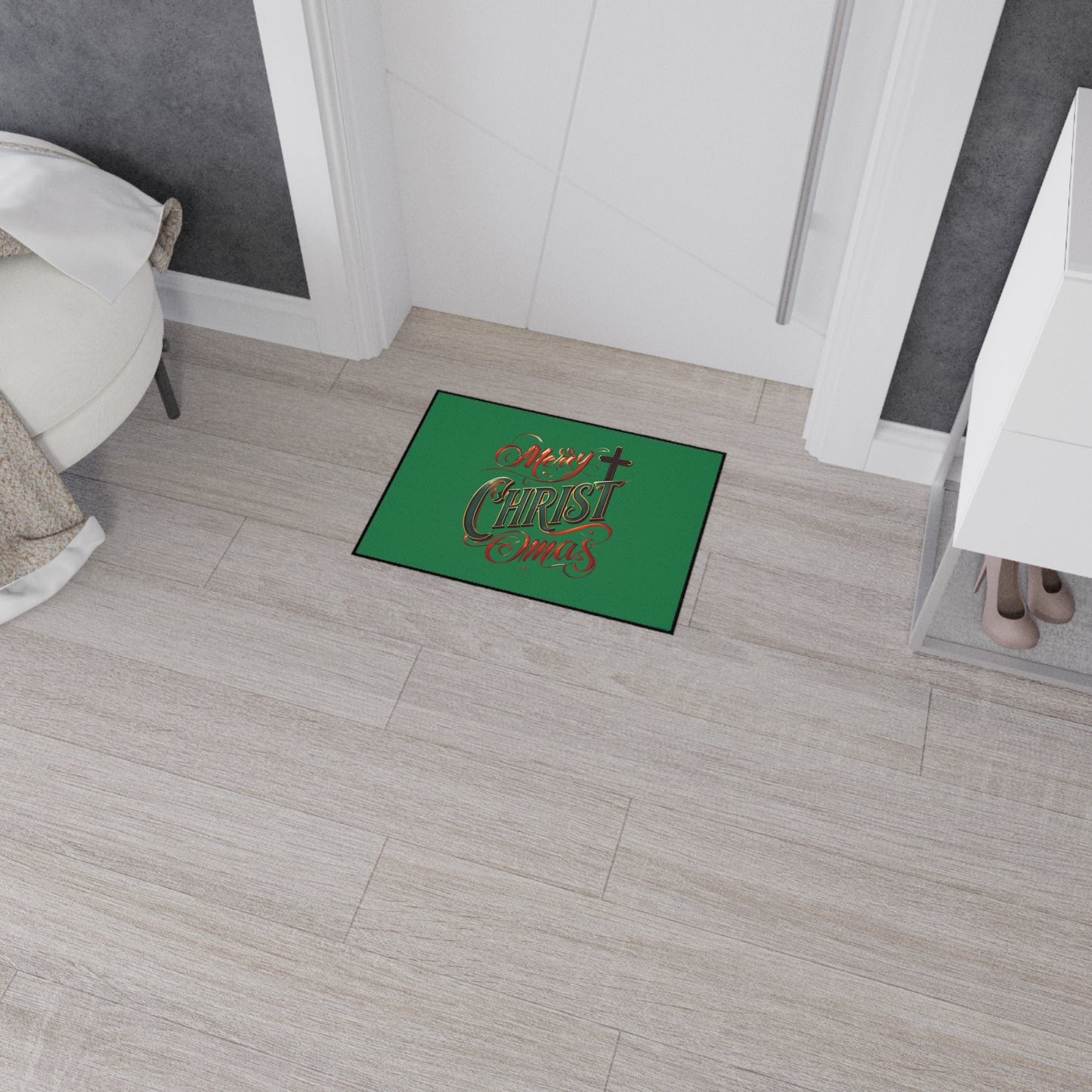 Christmas Floor Mat - "Merry Christmas" Script with Cross, Heavy-Duty Holiday Doormat