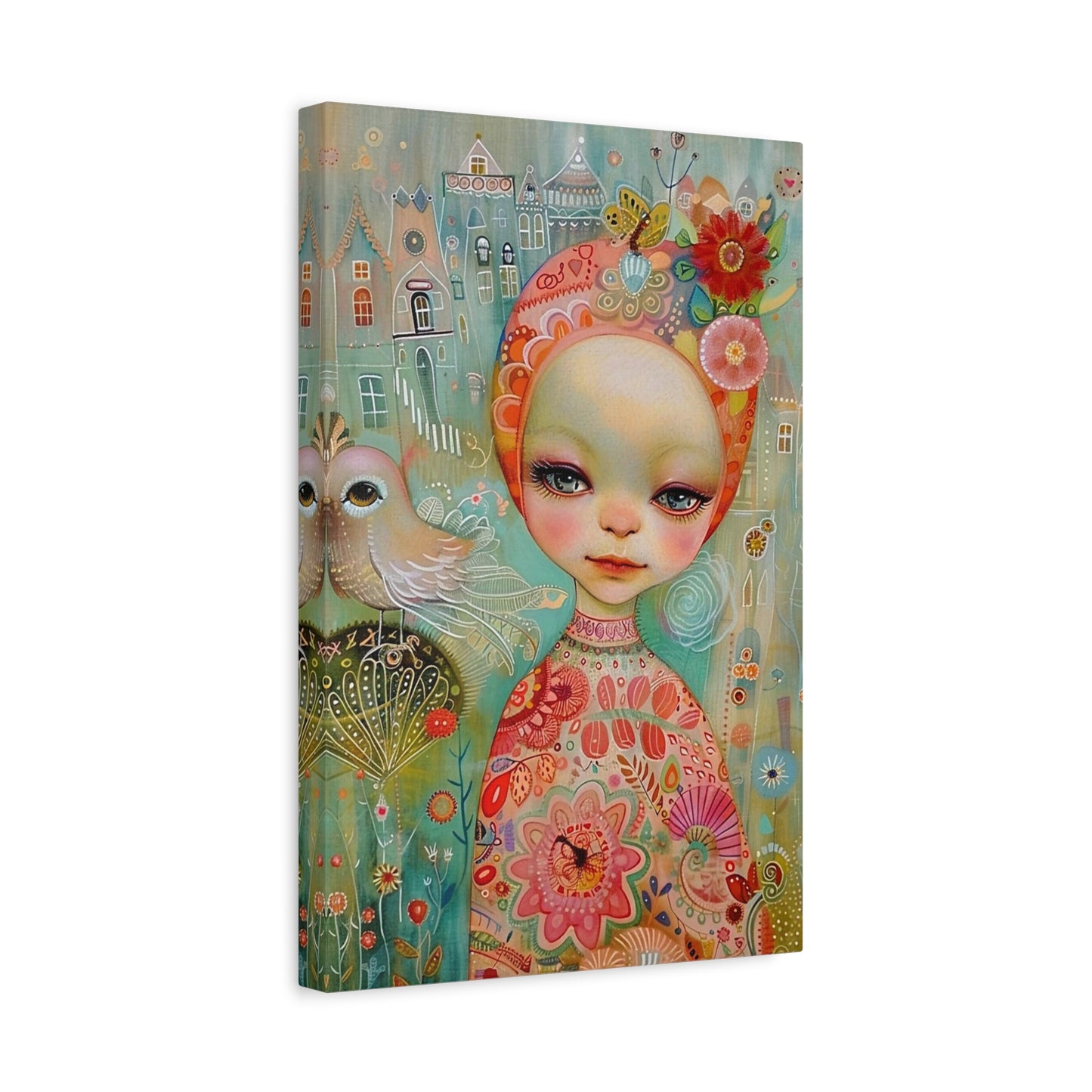 Whimsical Girl & Bird Matte Canvas Wall Art — Stretched Decorative Painting