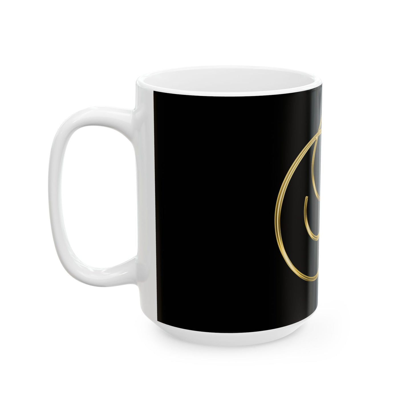 Gold Script Letter "R" Black Ceramic Mug — Elegant Monogram Coffee Cup (11oz & 15oz)