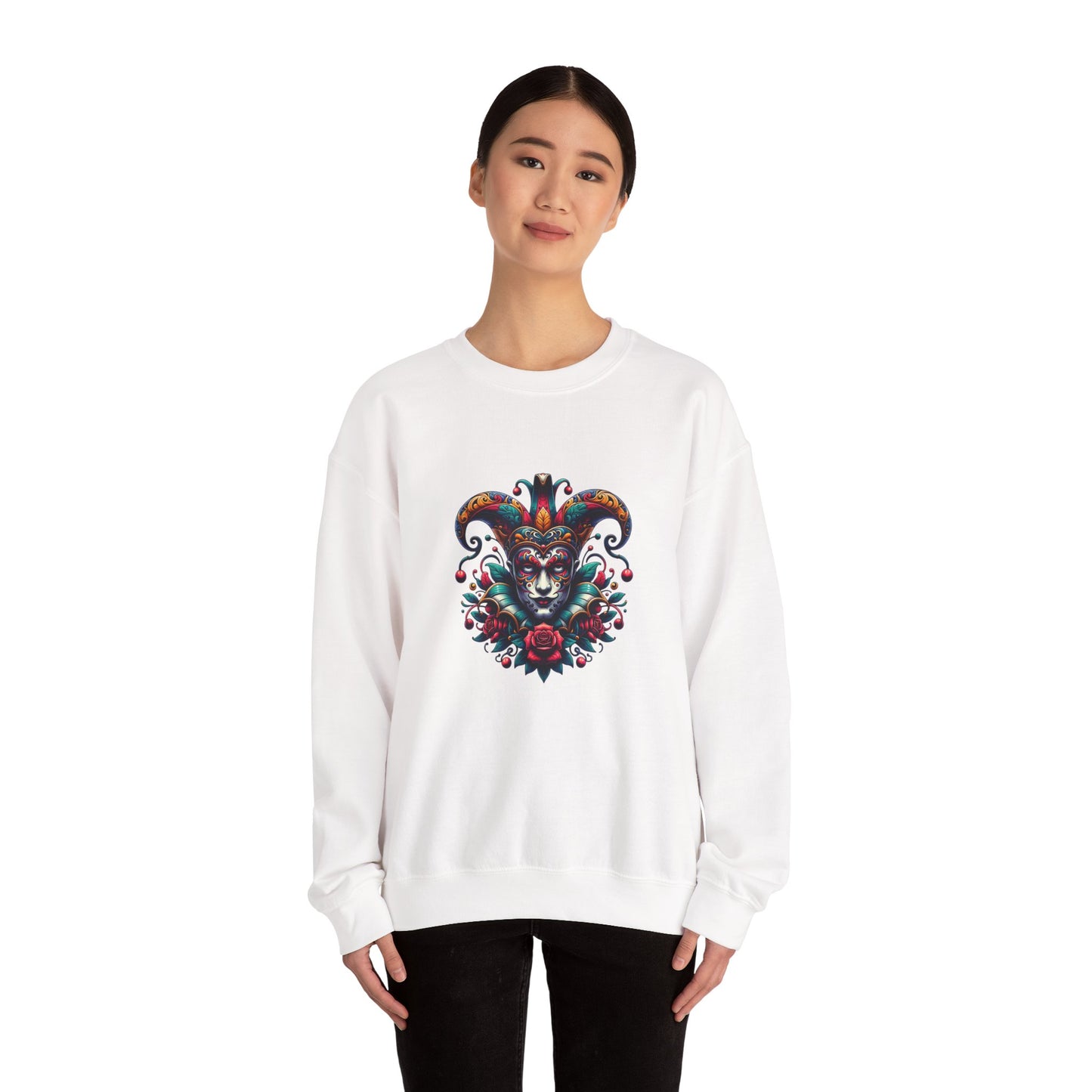 Colorful Jester Sweatshirt, Unisex Heavy Blend Crewneck, Unique Art Apparel, Trendy Fashion, Cozy Gift for Adults