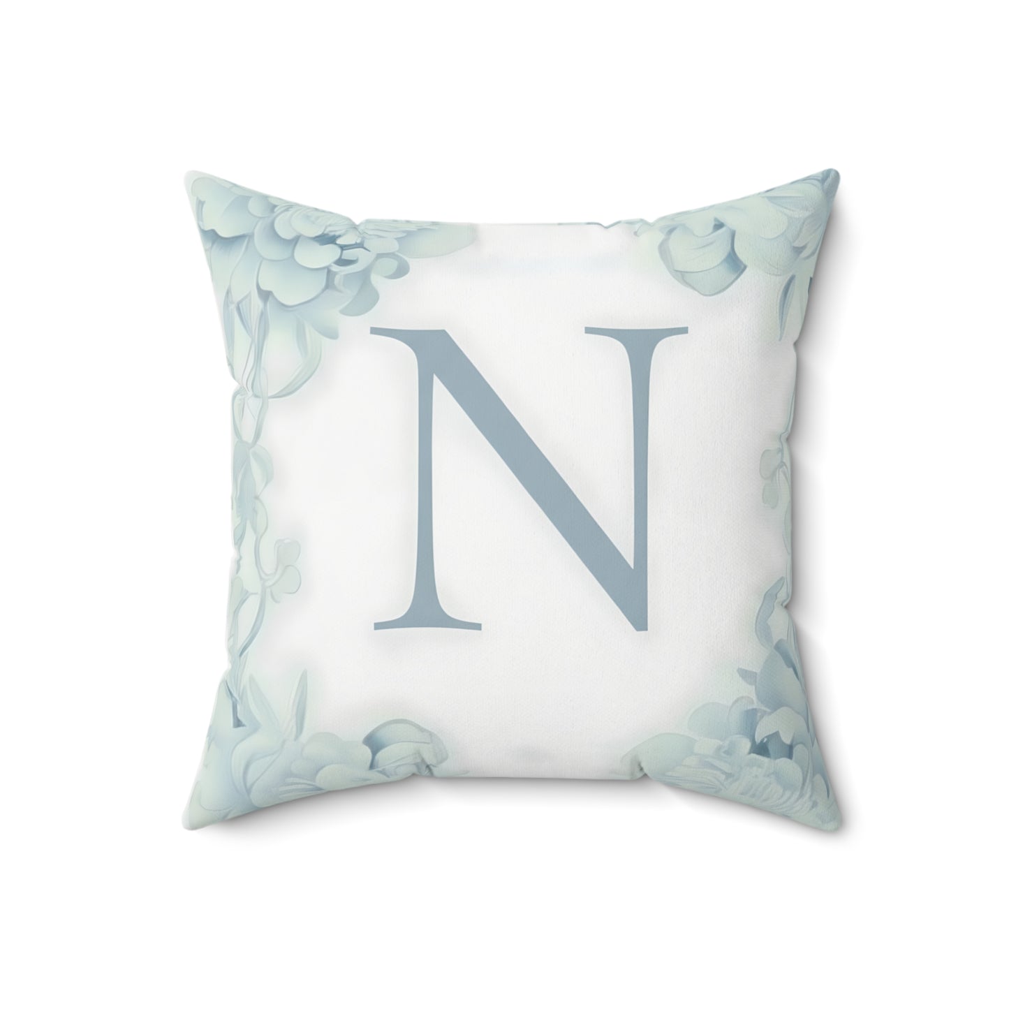 Monogram N Floral Throw Pillow — Soft Blue Initial Decorative Accent