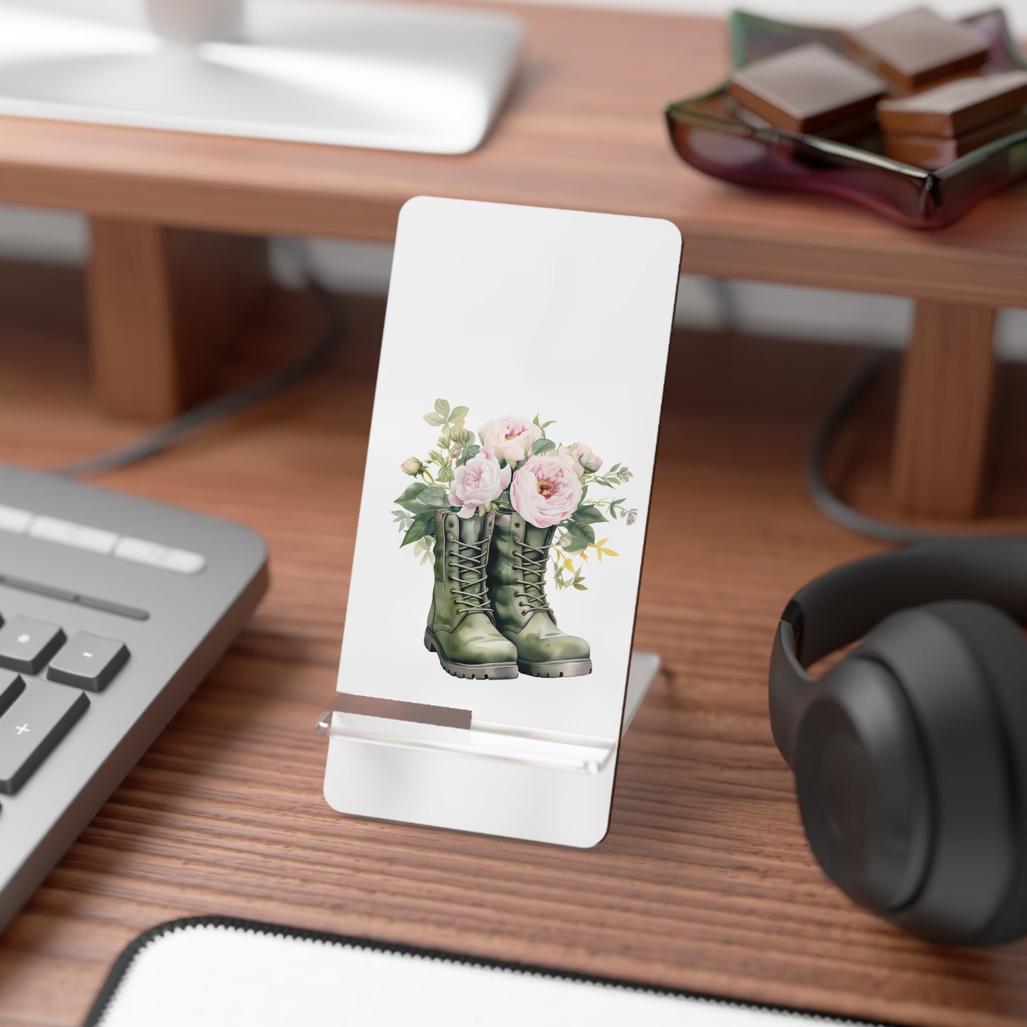 Floral Combat Boots Phone Stand — Foldable Acrylic Mobile Display